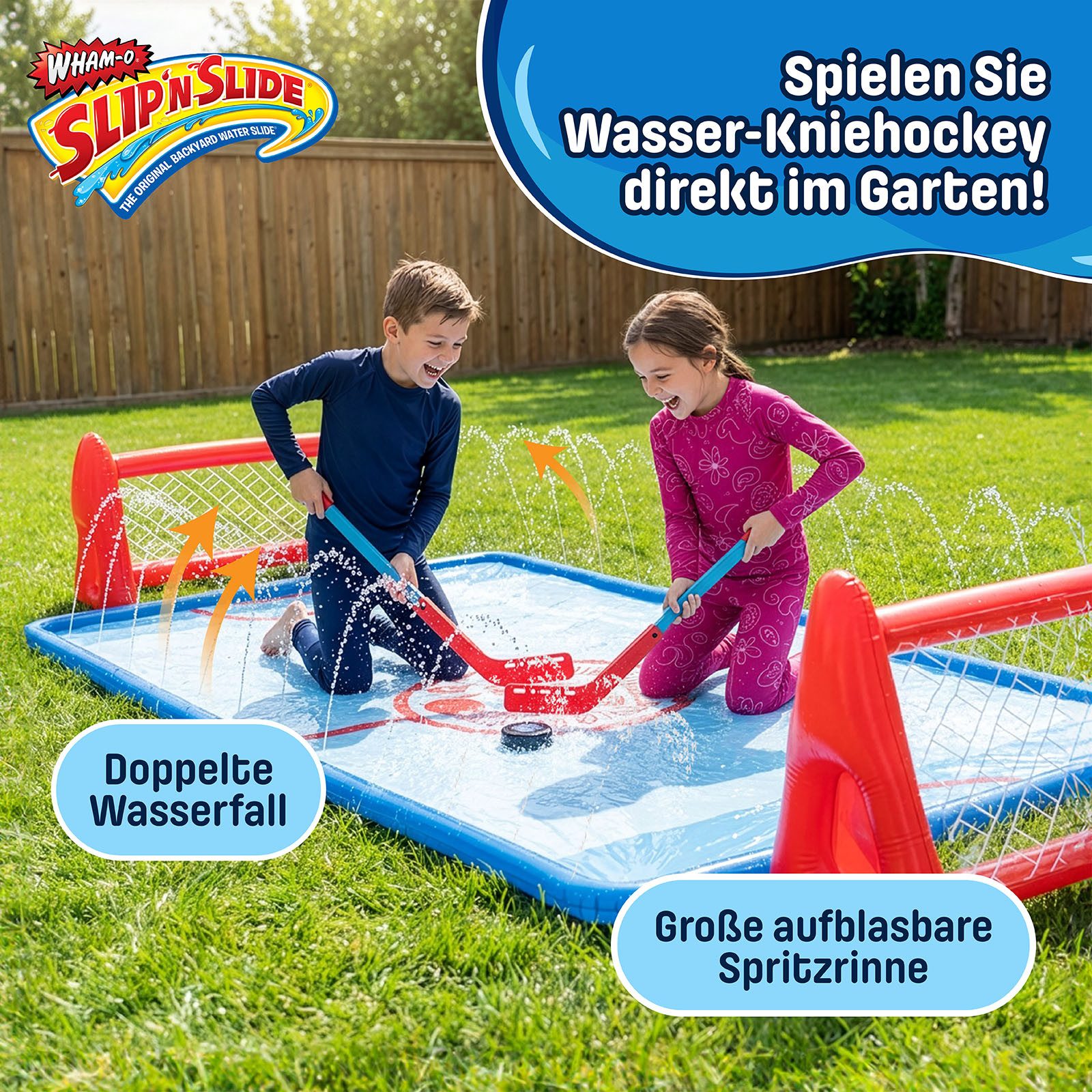 WHAM-O Wasserrutsche Wasser-Kniehockey-Set für Kinder von 5–12 Jahren, (Set), Wasserspiel Kinder, Wasser Hockey Set, Slip N Slide, Gartenspiel