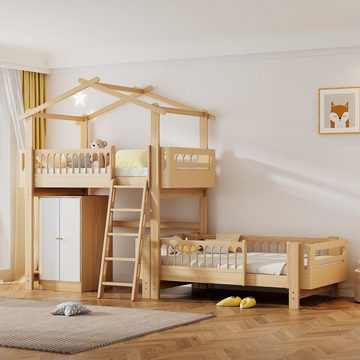 Flieks Etagenbett, Hausbett Kinderbett Kleiderschrank herausnehmbares Unterbett 90x200cm