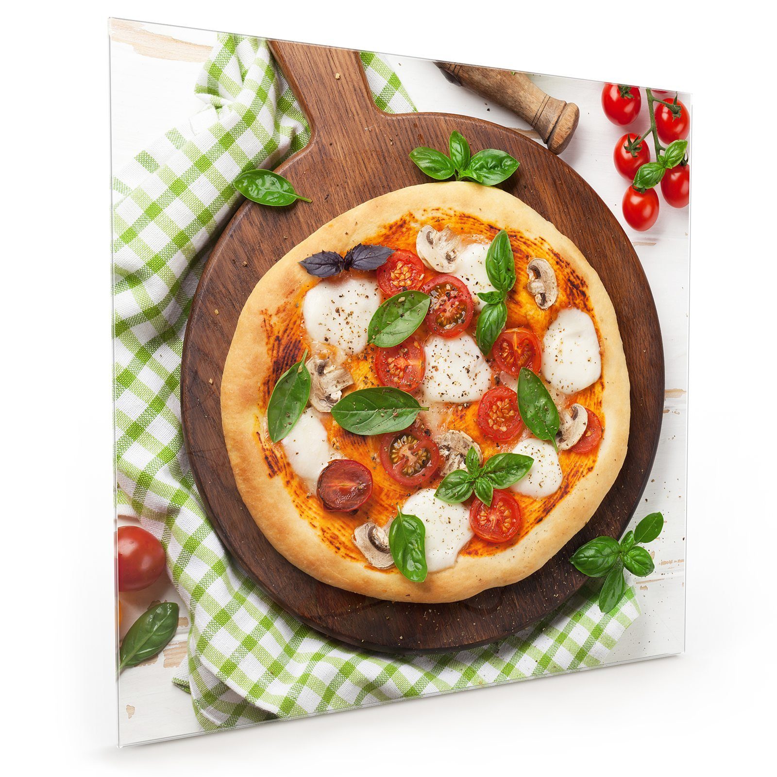 Primedeco Küchenrückwand Küchenrückwand Spritzschutz Glas mit Motiv Pizza auf Holzplatte
