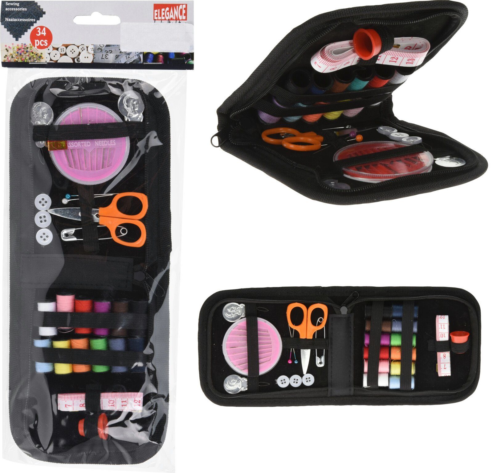 Koopman Nähset Nähkasten Reiseset 34 Tlg. Nähzeug Nähbox Reise Etui Schwarz Nähgarn, (Set, 1-St., Packung), Klappbar, Set, incl Reißverschluss, schwarze Tasche