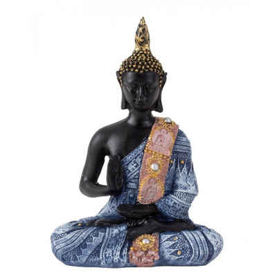 Home & Joy Buddhafigur (Schöne & dekorative Buddha-Statue Abhaya Mudra sitzend farbig klein mit Perlenbestückter Schärpe in blau terrakotta gold Höhe: 15cm, Breite: 10,5cm - Regal Tisch Fensterbank Deko Figur Meditation)