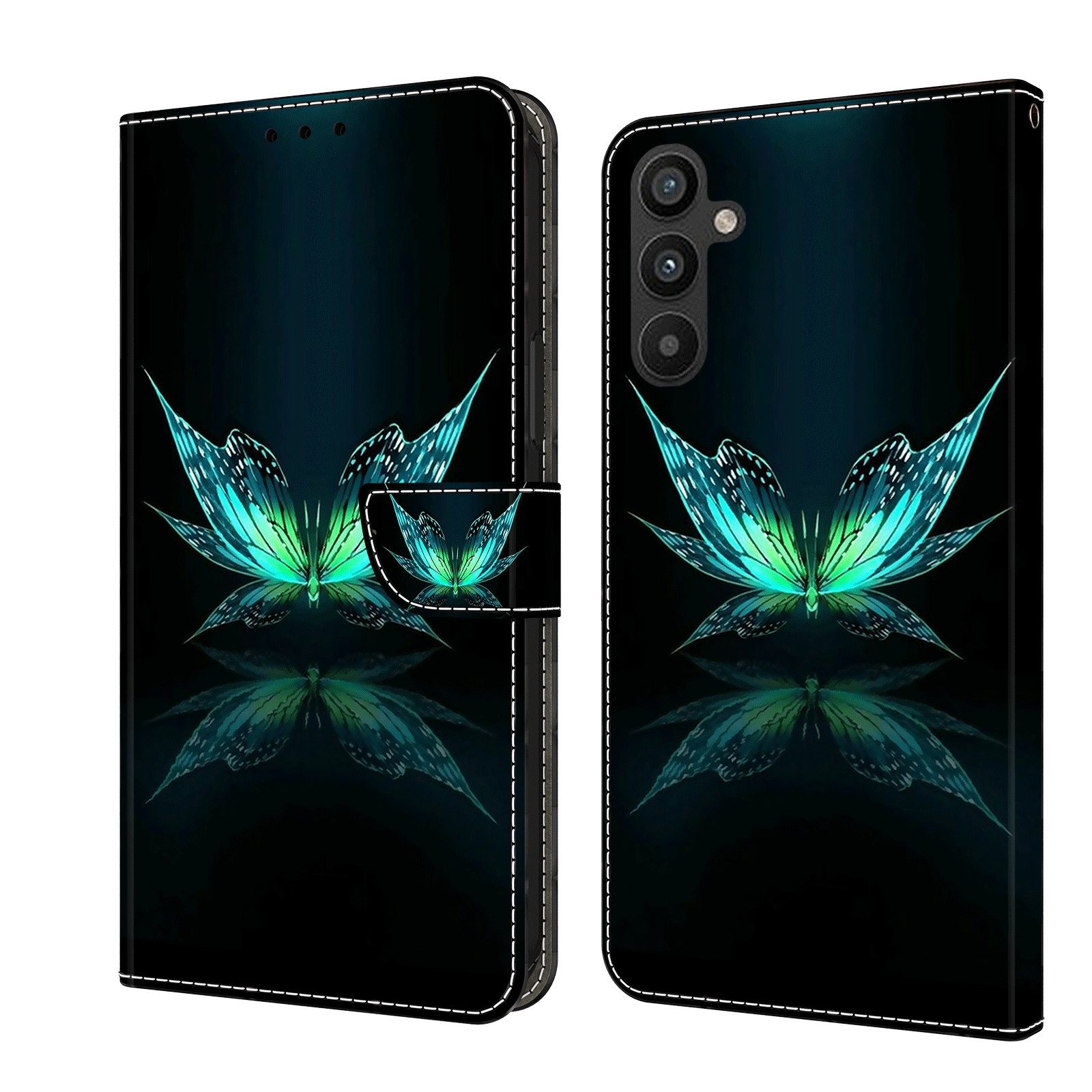 CLM-Tech Handytasche für Samsung Galaxy A16 / A17 5G Hülle aus Kunstleder Klapphülle (schwarz türkiser Schmetterling, Handyhülle mit Standfunktion - Wallet Flip Case inklusive Kartenfächer), Cover mit Magnetverschluss