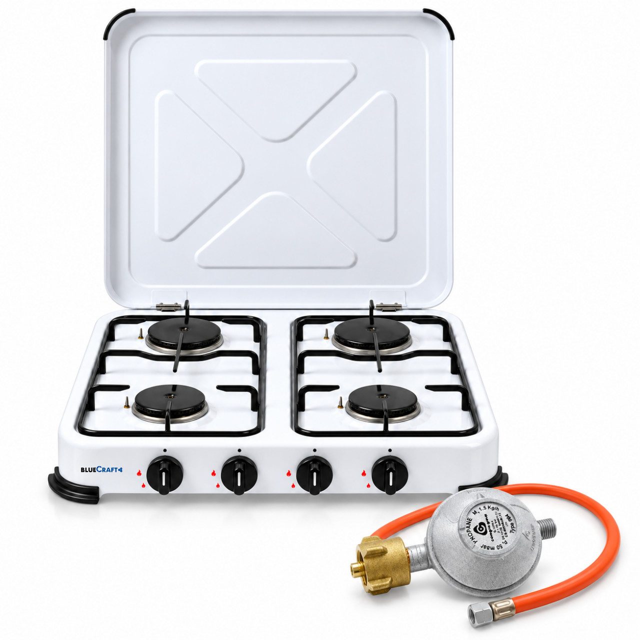 BlueCraft Gaskocher 4 flammig mit Zündsicherung 50mbar Propan Gas Campingkocher 5,8 kW, (mit Schlauch 100 cm und Gas Regler Druckminderer), Camping Gas Kocher 4 flammen für Gasflasche Gasherd Gas-Kochfeld