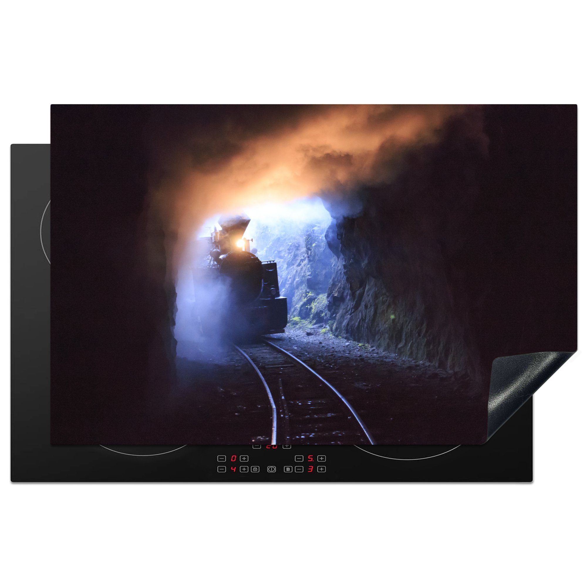MuchoWow Herdblende-/Abdeckplatte Dampflokomotive fährt in einen Tunnel ein, Vinyl, (1 tlg), 81x52 cm, Induktionskochfeld Schutz für die küche, Ceranfeldabdeckung