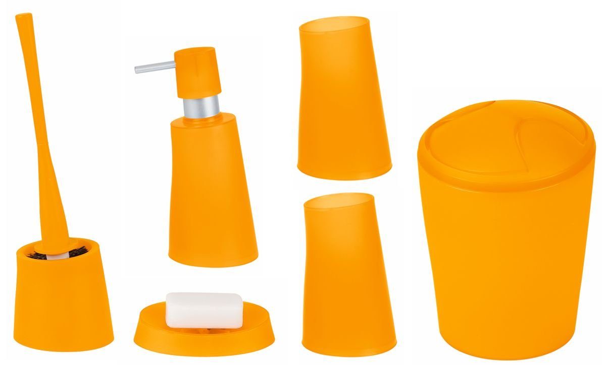 spirella Badaccessoires-Sets MOVE, Zubehör-Set aus hochwertigem Kunststoff PP, 6 tlg., bestehend aus: Kosmetik Schwingdeckeleimer 2L, WC-Bürste, Seifenspender, 2x Zahnputzbecher, Seifenschale, stylish-matter Frost Look, orange, Komplett-Set Badezimmerzubehör, 6 tlg.