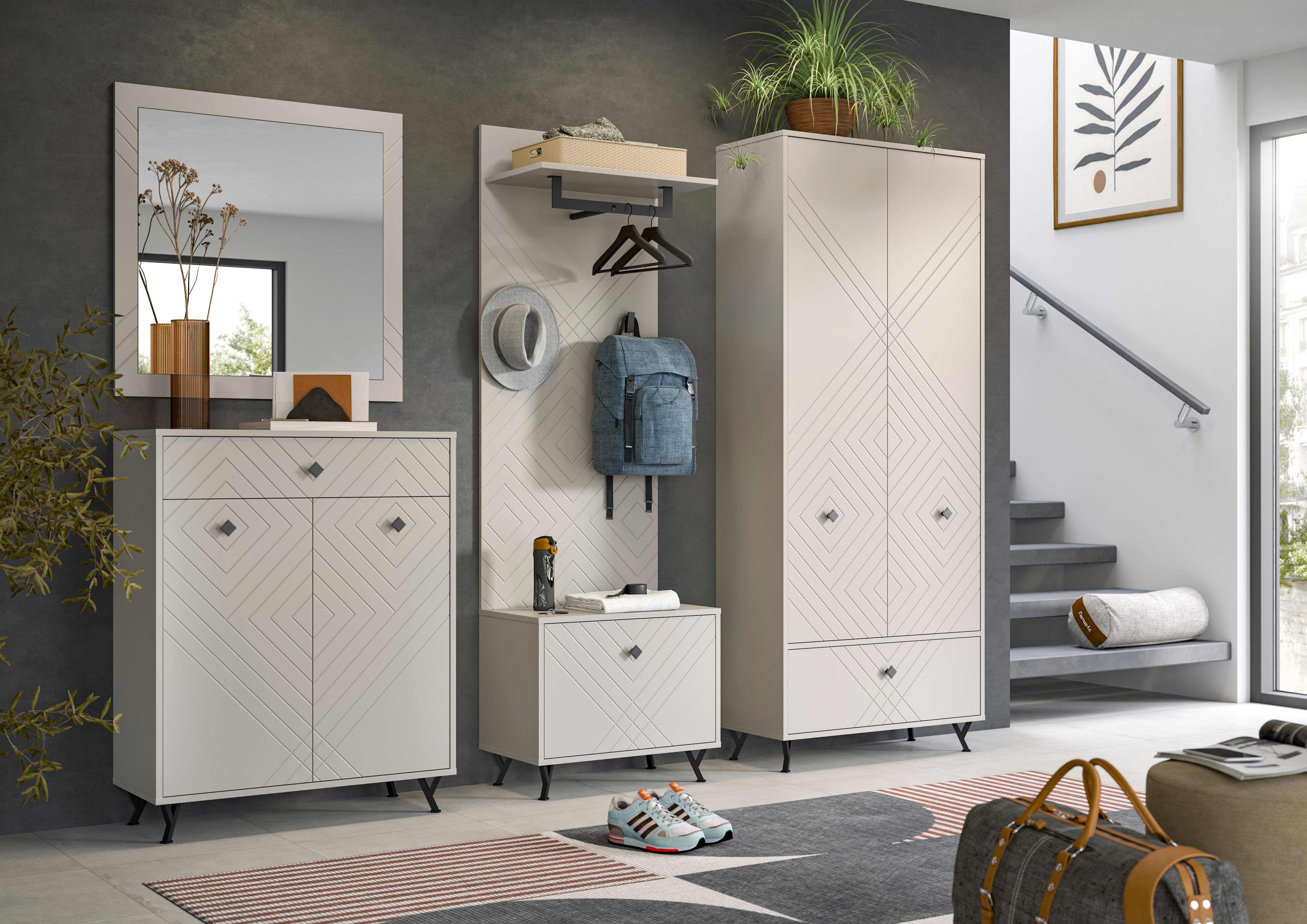 furnling Sitzbank Noam, Ornamentfräsung, Flurbank, Truhe, Garderobe, Diele, modern