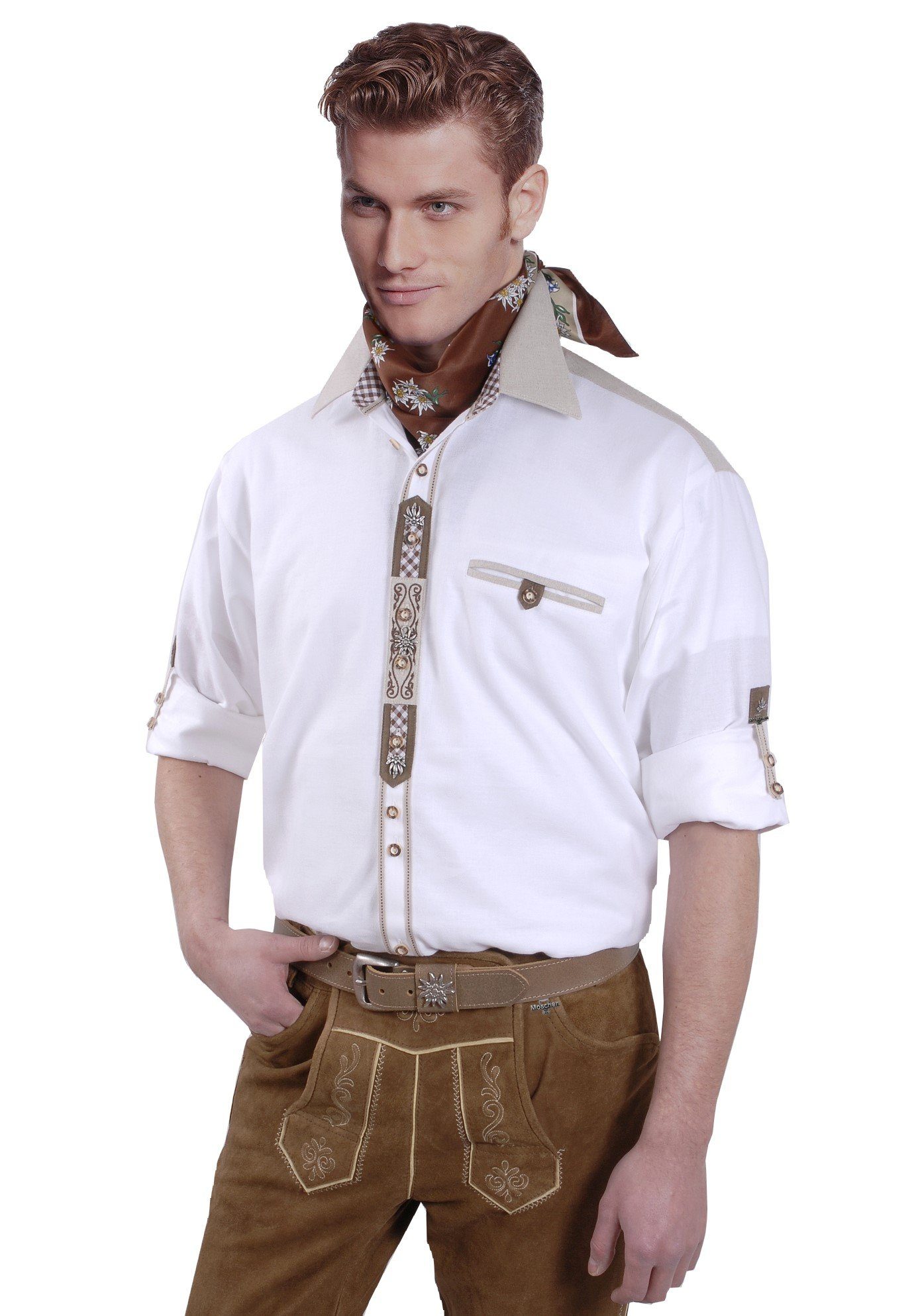 Moschen-Bayern Trachtenhemd Trachtenhemd Herren Stickerei Edelweiß Wiesn-Hemd zur Lederhose - Herrenhemd Langarm + Kurzarm Krempelarm Weiß-Beige