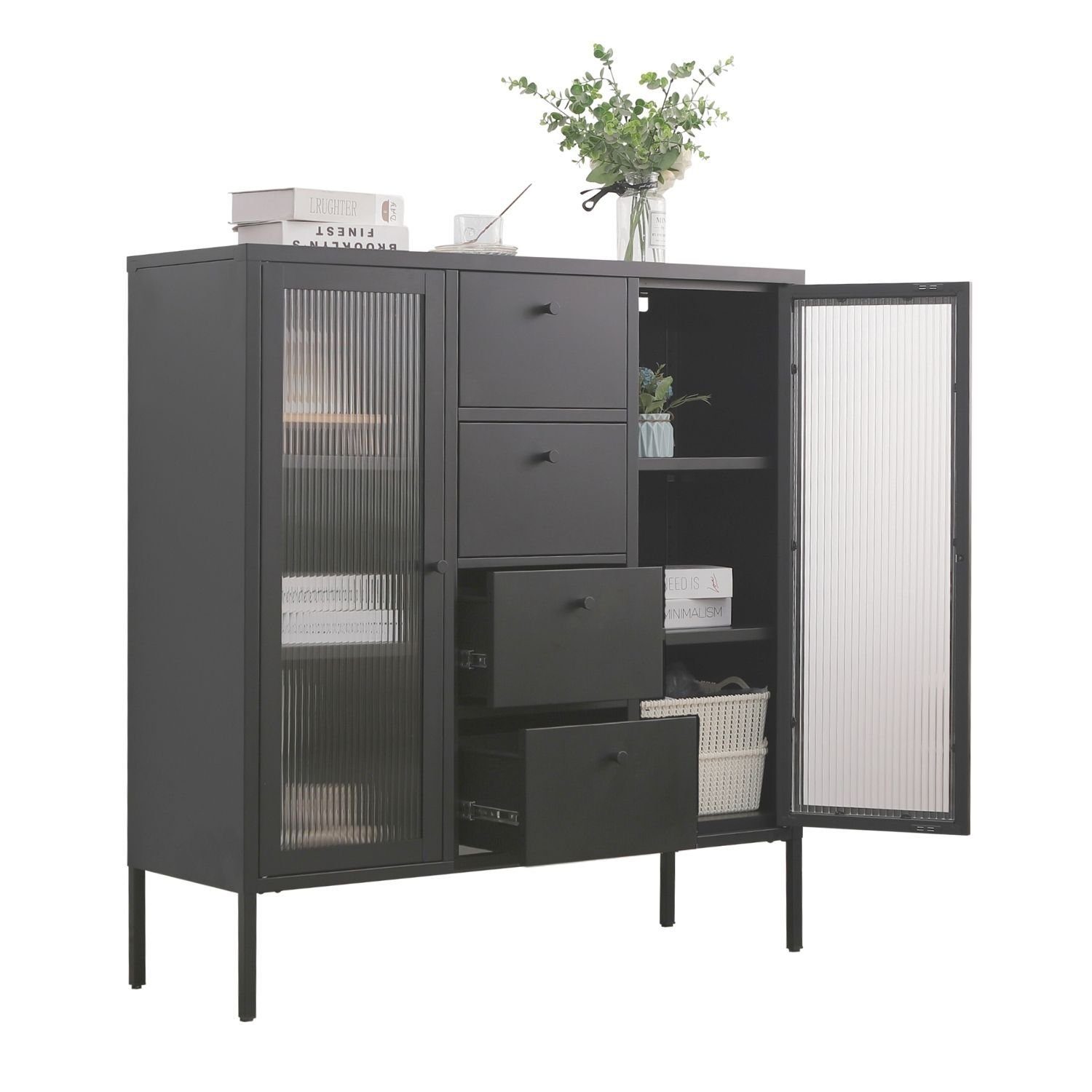 Mein-Regal Highboard PARIS, Schwarz Kommode Metall Glastüren, 4 Schubladen günstig online kaufen