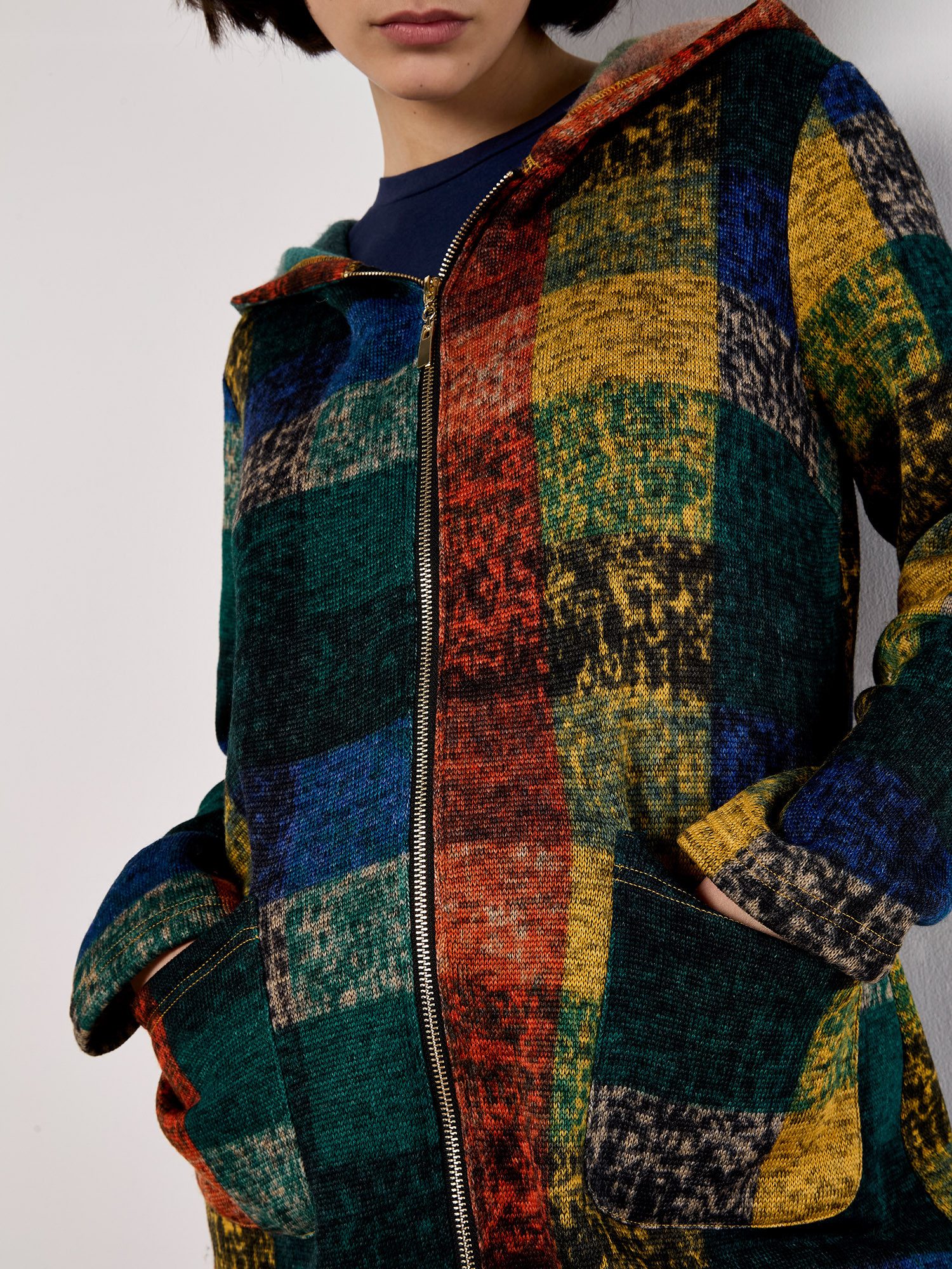Apricot Wollmantel Cardigan-Jacke mit Kapuze, mit Patchwork-Look