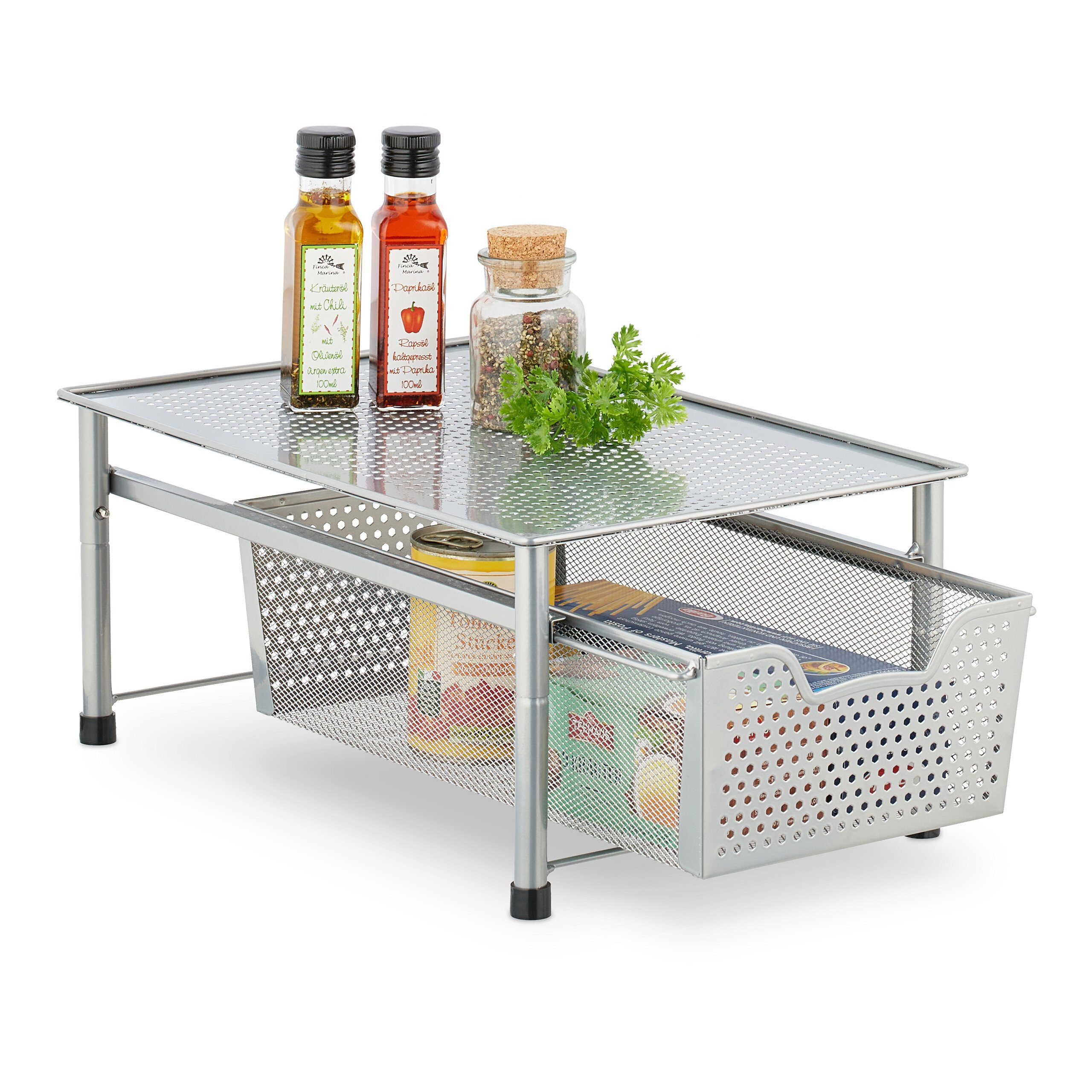 relaxdays Mehrzweckregal Schubladenregal mit Korbauszug, silber günstig online kaufen