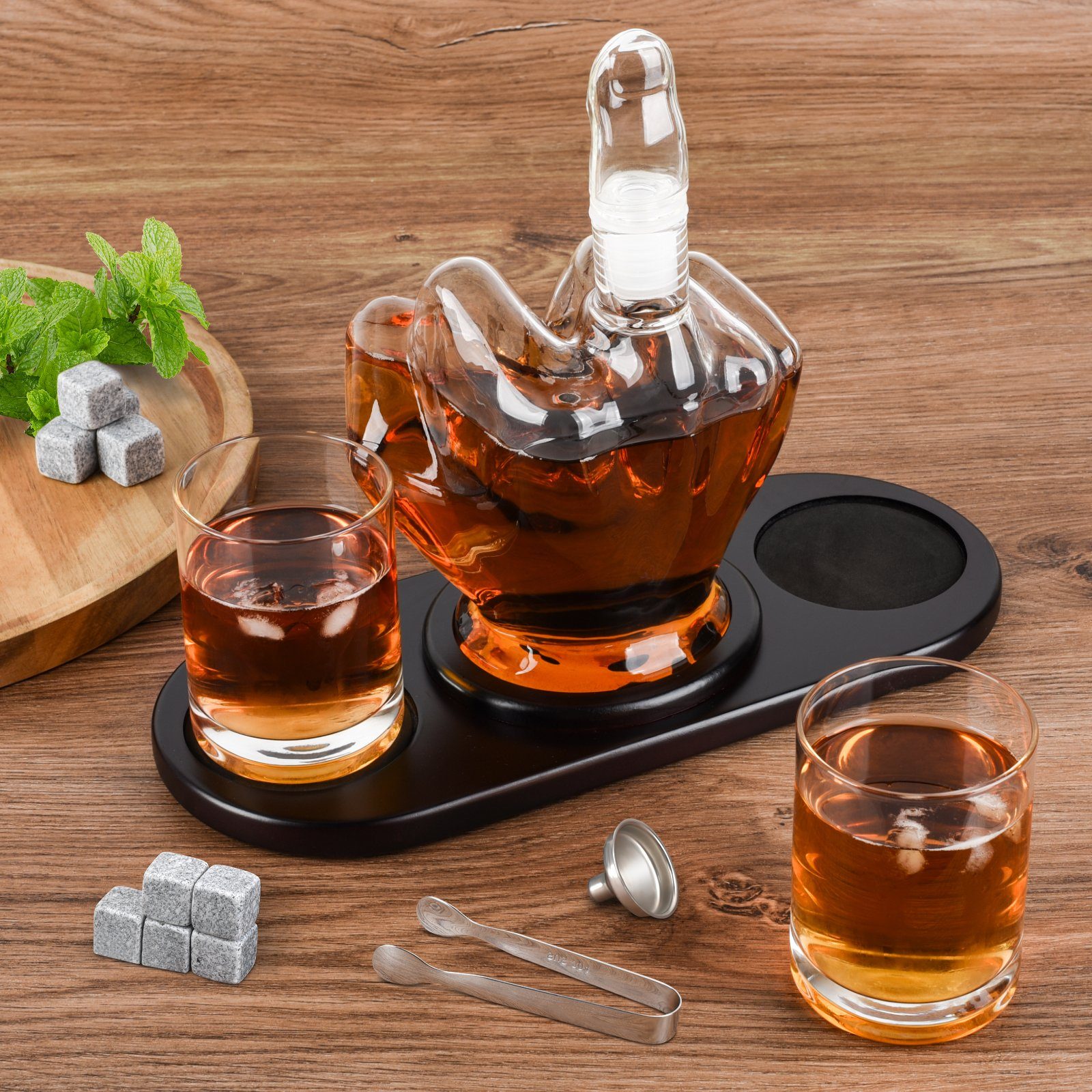 leomavis Dekanter Whisky 12-tlg. Set inkl. Karaffe, 2 Whisky Скло, (Whisky Karaffe Geschenkset, 12-tlg., 6xWhiskysteine, 1xHolztablett, Zange, Trichter), Whisky Set mit einzigartigem Zubehör