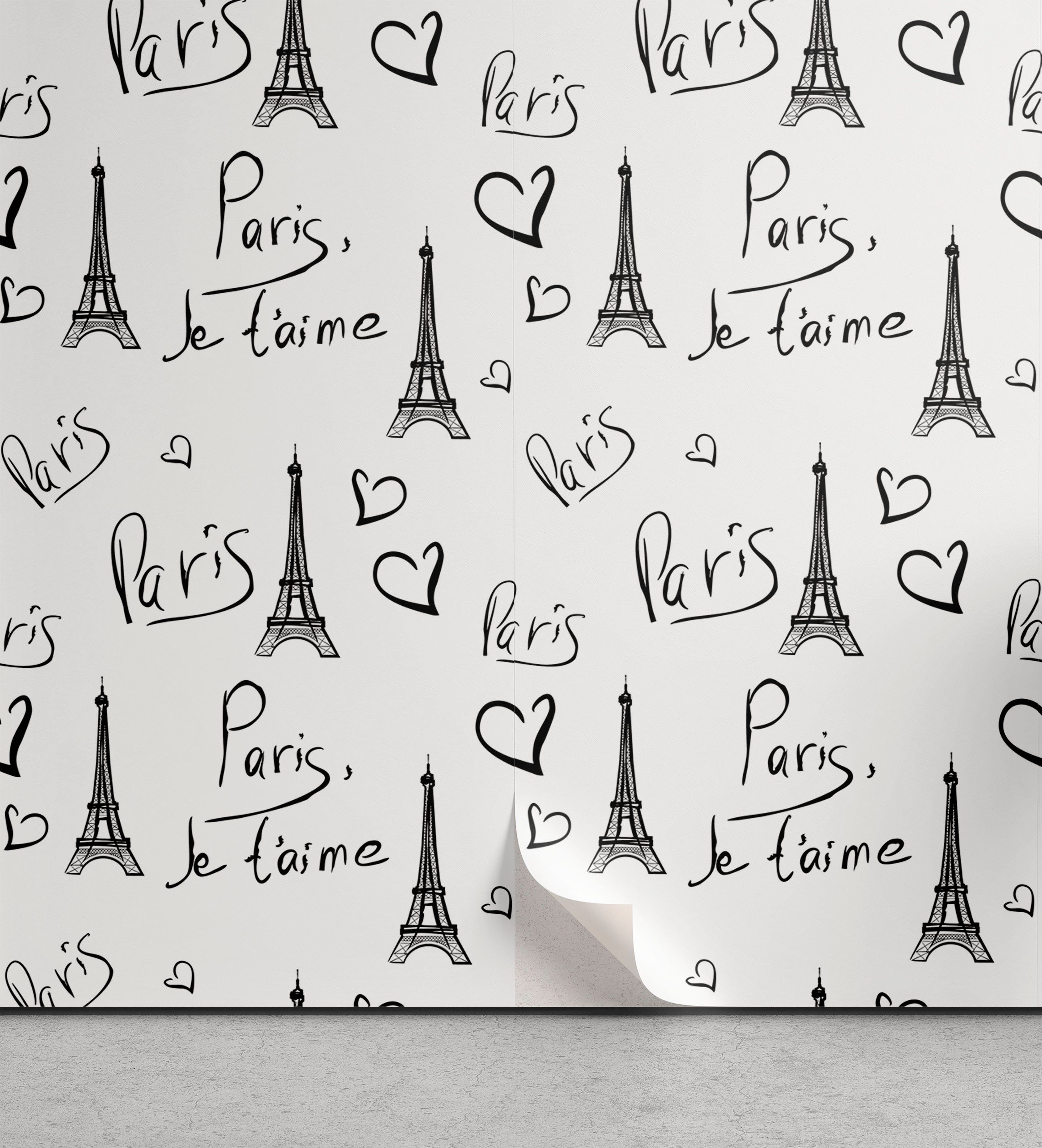 Abakuhaus Vinyltapete selbstklebendes Wohnzimmer Küchenakzent, Paris Eiffel Je T'aime Doodle