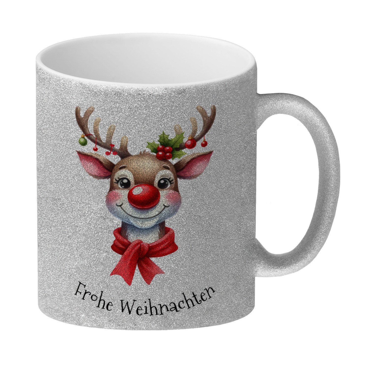 Tasse Rentier Glitzer-Kaffeebecher und Spruch Frohe Weihnachten