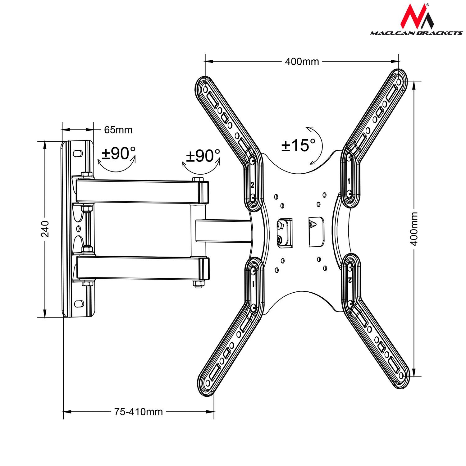 Maclean TV-Wandhalterung MC-759, (bis 60,00 Zoll, für 13" bis 60" Zoll; max. 30 kg; VESA-Standard bis 400x400 mm)