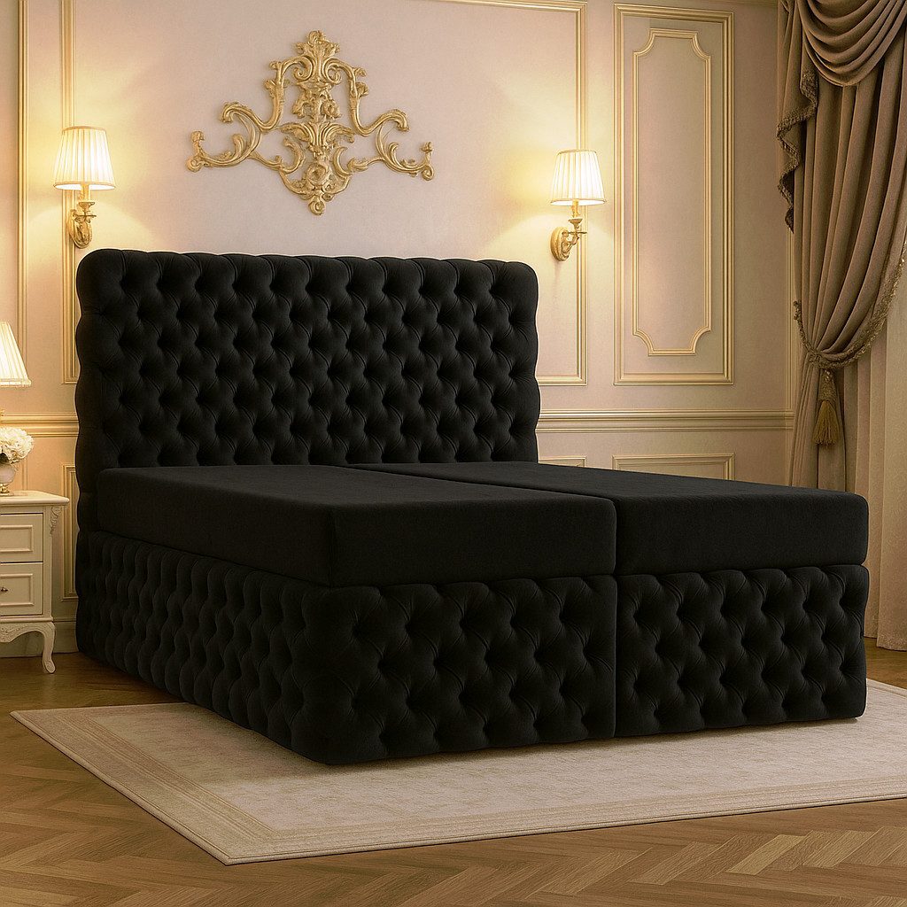 B&B Home Boxspringbett Chesterfield (H3 Matratze Pocketfederung, Kopfteil, Bettkasten und Topper)