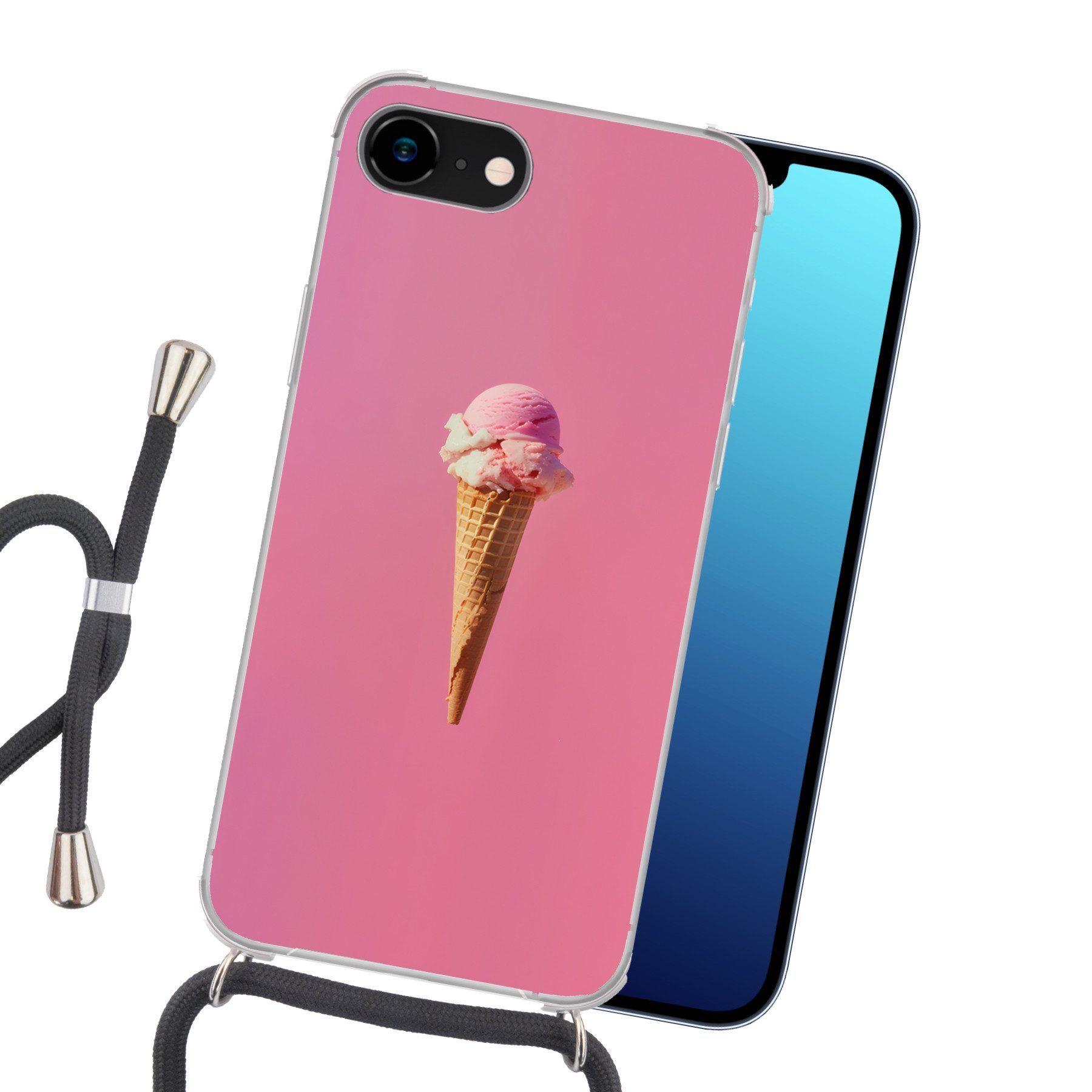 MuchoWow Handyhülle für Apple iPhone 8 Horn - Schaufel Eiscreme - Rosa, Tragbare Handyhüllen mit Kette zum umhängen, Handykette Handyband