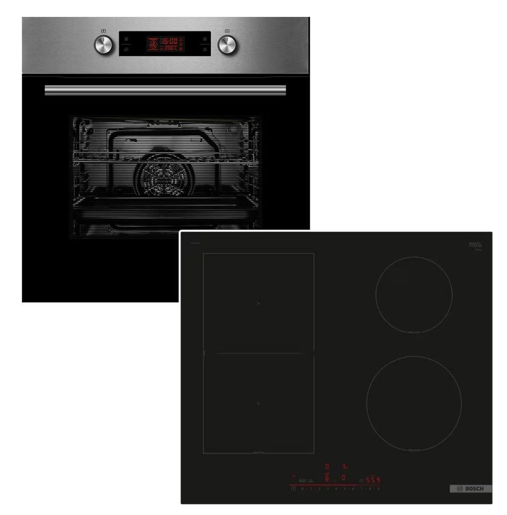 Midea Backofen-Set Backofen Pyrolyse Teleskopauszug + Bosch Induktionskochfeld CombiZone, mit 1-fach Teilauszug, Pyrolyse-Selbstreinigung