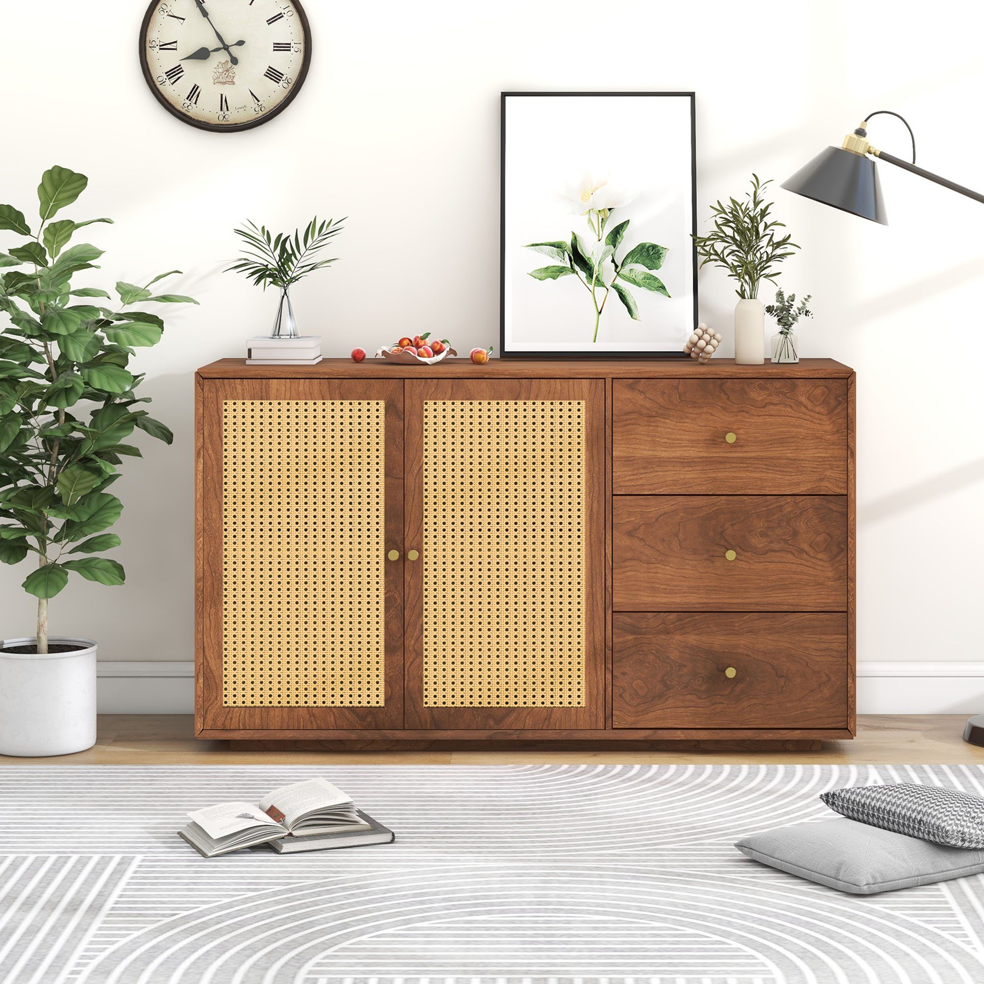 Merax Sideboard im Vintage-Stil mit 2 Rattantüren und 3 Schubladen, Kommode mit großen Stauraum, Breite 130cm