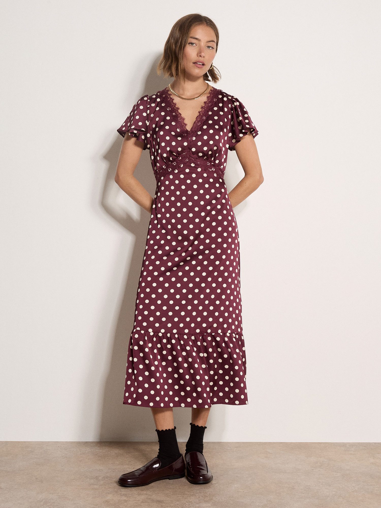 Apricot Midikleid Midi-Kleid aus Satin mit Polka-Dot-Muster mit Spitze