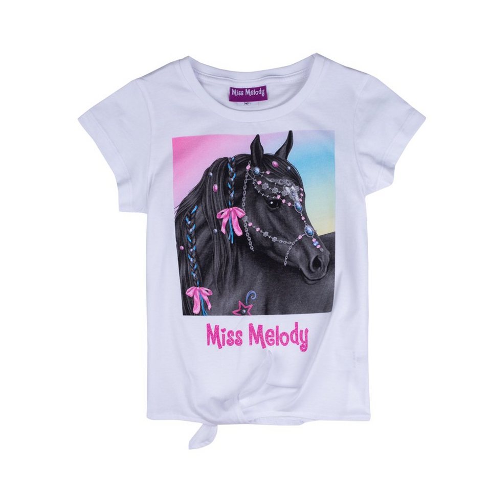 Miss Melody T-Shirt Miss Melody T-Shirt schwarzes Pferd Knoten weiß  (1-tlg), Glitzerschriftzug Miss Melody - schönes Miss Melody Motiv