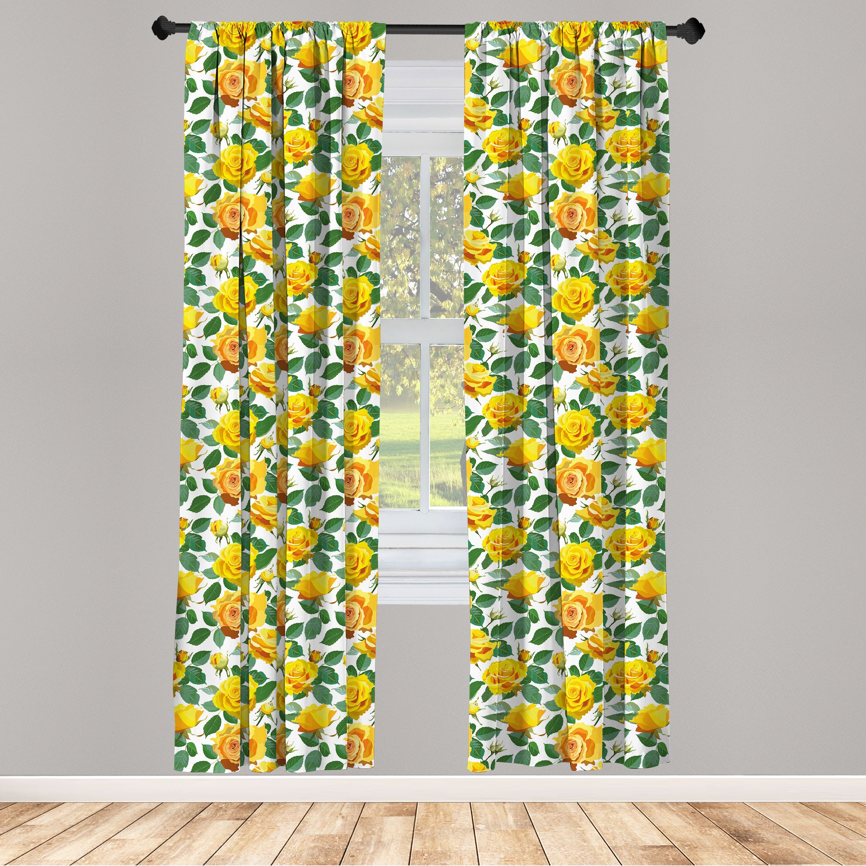 Gardine Vorhang für Wohnzimmer Schlafzimmer Dekor, Abakuhaus, Microfaser, Blühen Gelb tonte Rose Pattern
