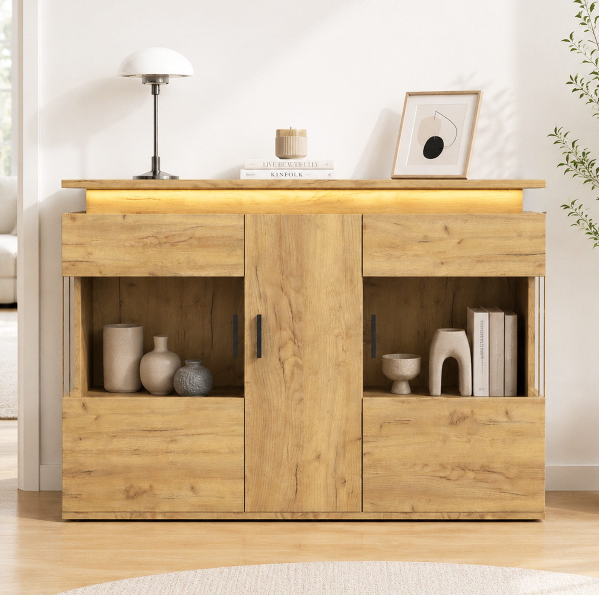 REDOM Sideboard Kommode mit Ladestation und Farblicht-Beleuchtung (Packung, 1 St., für Kaffeebar, Küche, Esszimmer), Holzoptik, Glastüren, 120x79,5x40 cm