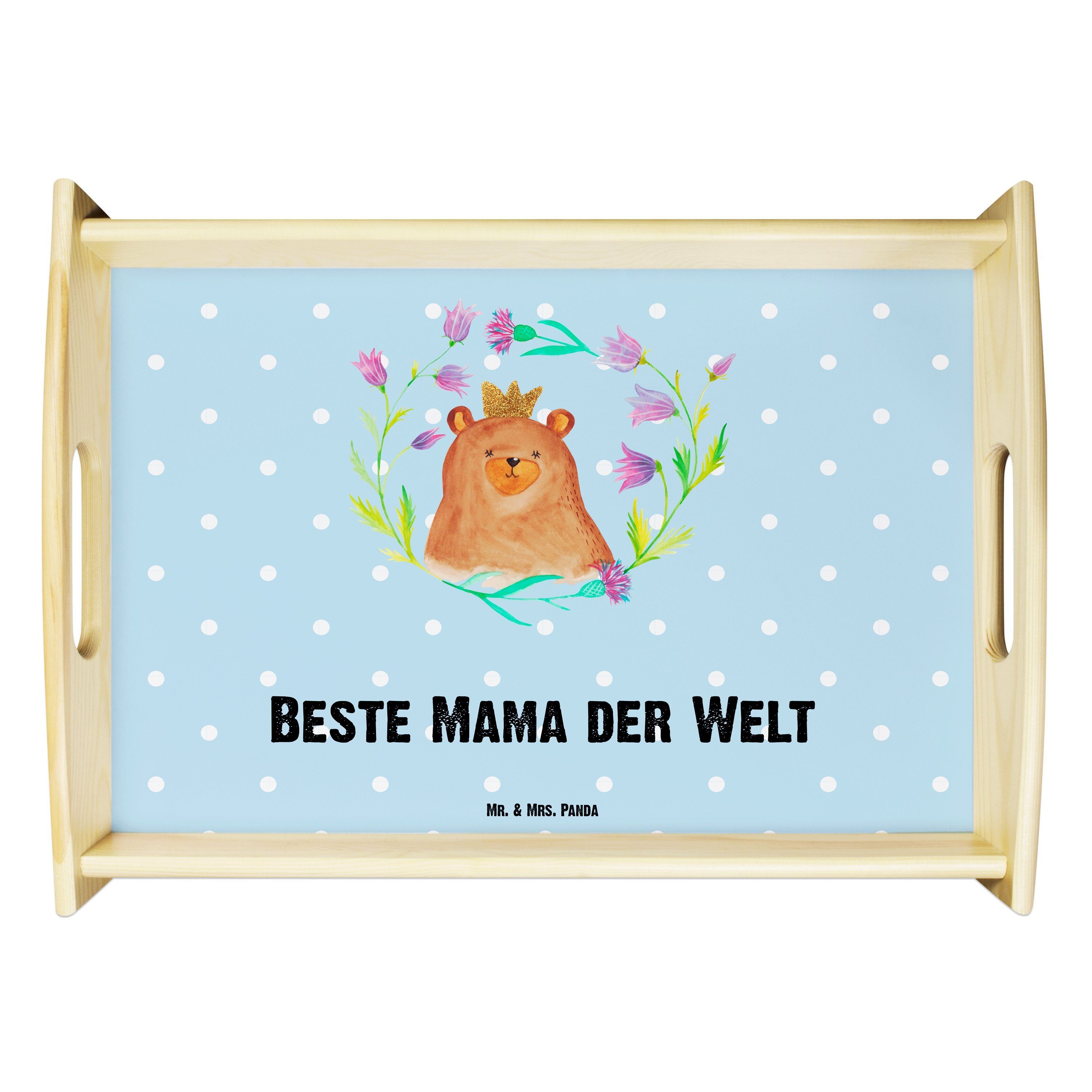 Mr. & Mrs. Panda Tablett Bär Königin - Blau Pastell - Geschenk, Mom, Dekotablett, Teddy, weltb, Echtholz lasiert, (1-tlg)