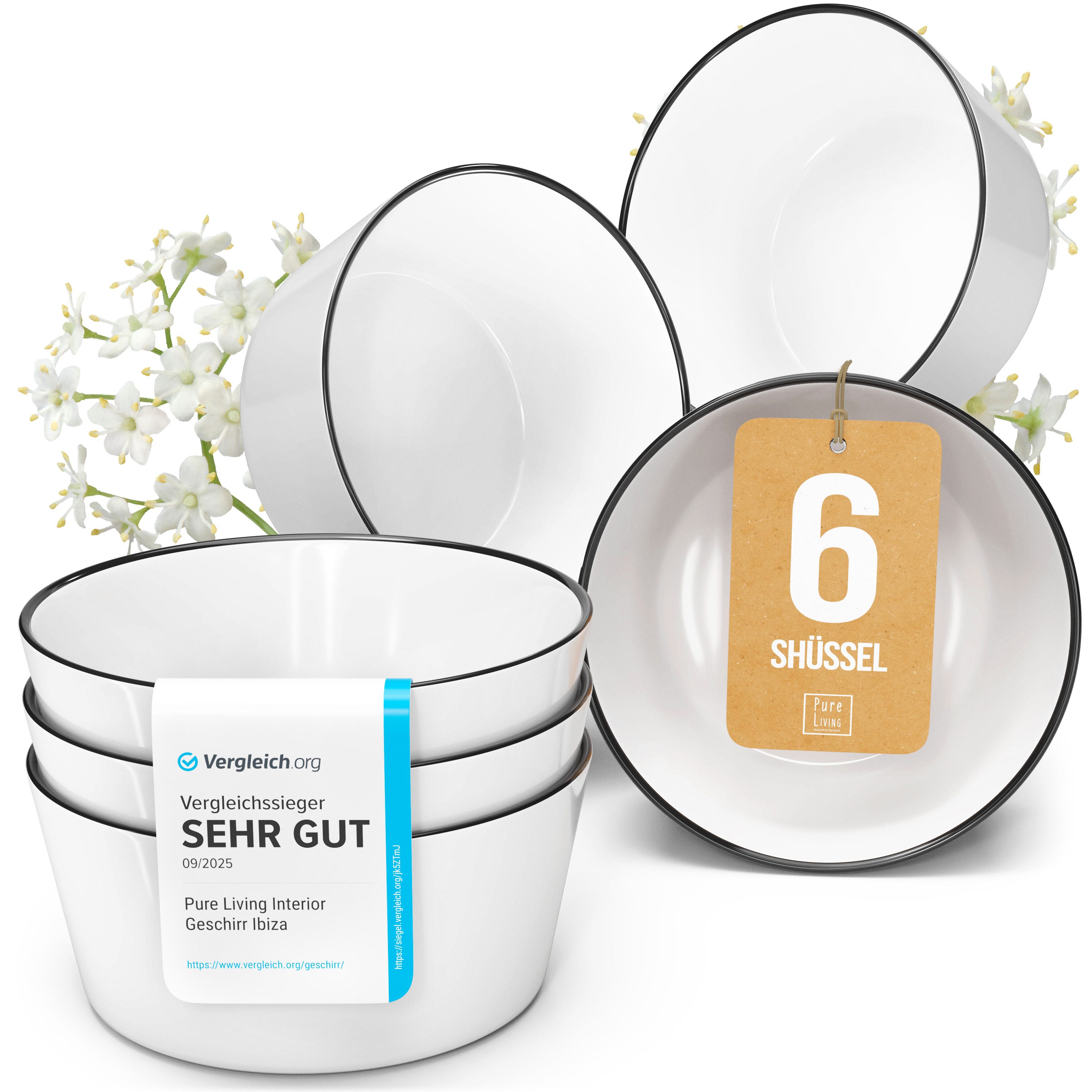 PURE LIVING INTERIOR DESIGN Geschirr-Set Pure Living Müslischale 6er 16cm »Scandi«, Porzellan weiß, 6 Personen, Porzellan, Zeitloses skandinavisches Design, Eleganter schwarzer Rand, Minimalis…