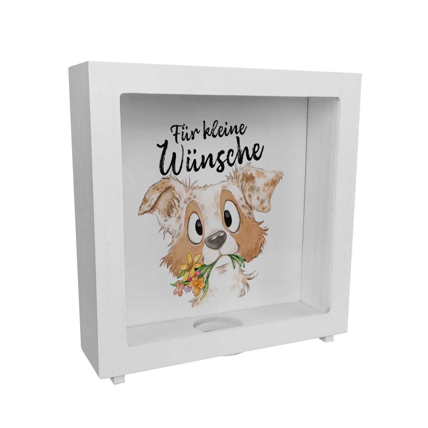 Spardose Hund Rahmen Spardose aus Holz mit Spruch Für kleine Wünsche