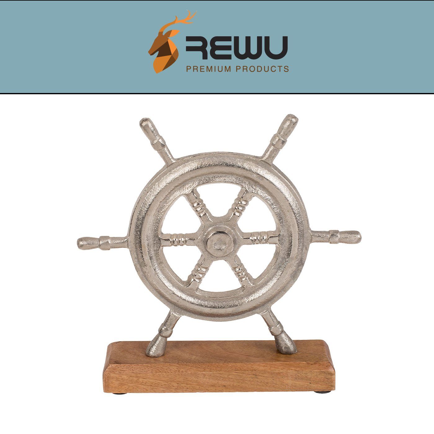 ReWu Dekoobjekt Silberfarbener Standfuss Steuerrad auf Schriftzug Holz Metall