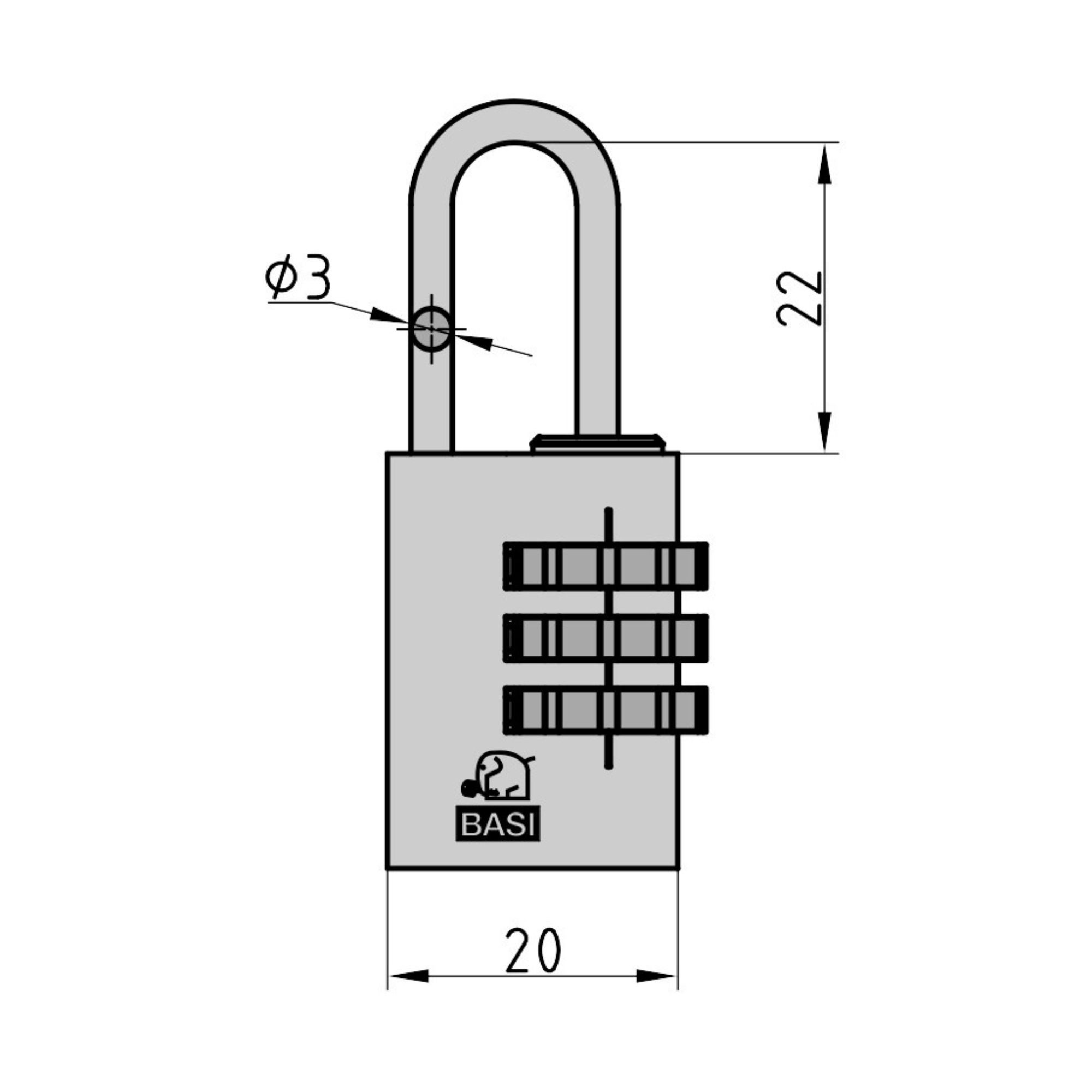 BASI Vorhängeschloss Kofferschloss mit 3-stelliger Zahlenkombination, (Packung, 1-tlg), Breite 20 mm, Aluminiumgehäuse und Stahlbügel, Farbe Blau