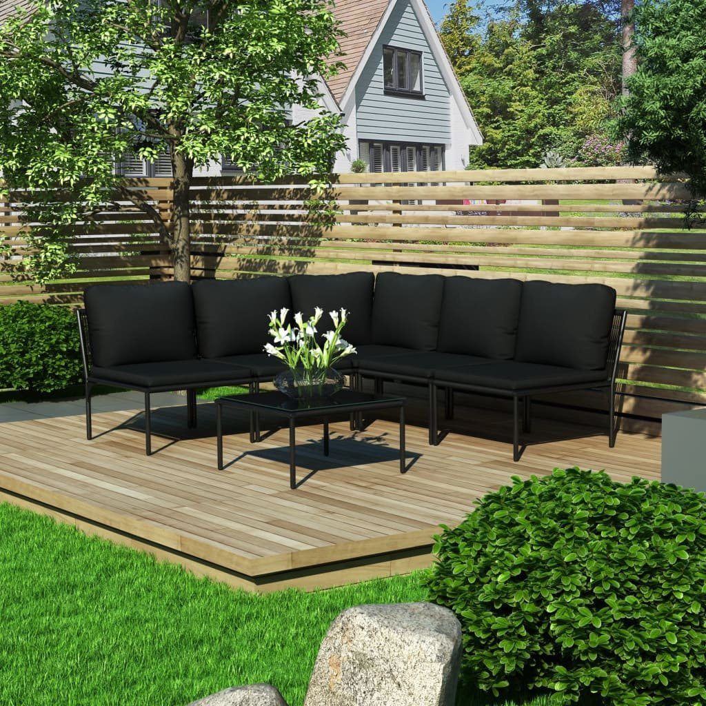 Merax Gartenlounge-Set aus PVC und Stahlgestell mit Armlehne, Balkonset,  Gartengarnitur, (6-tlg), Gartenmöbel Set für 5 Personen mit Tisch und Kissen