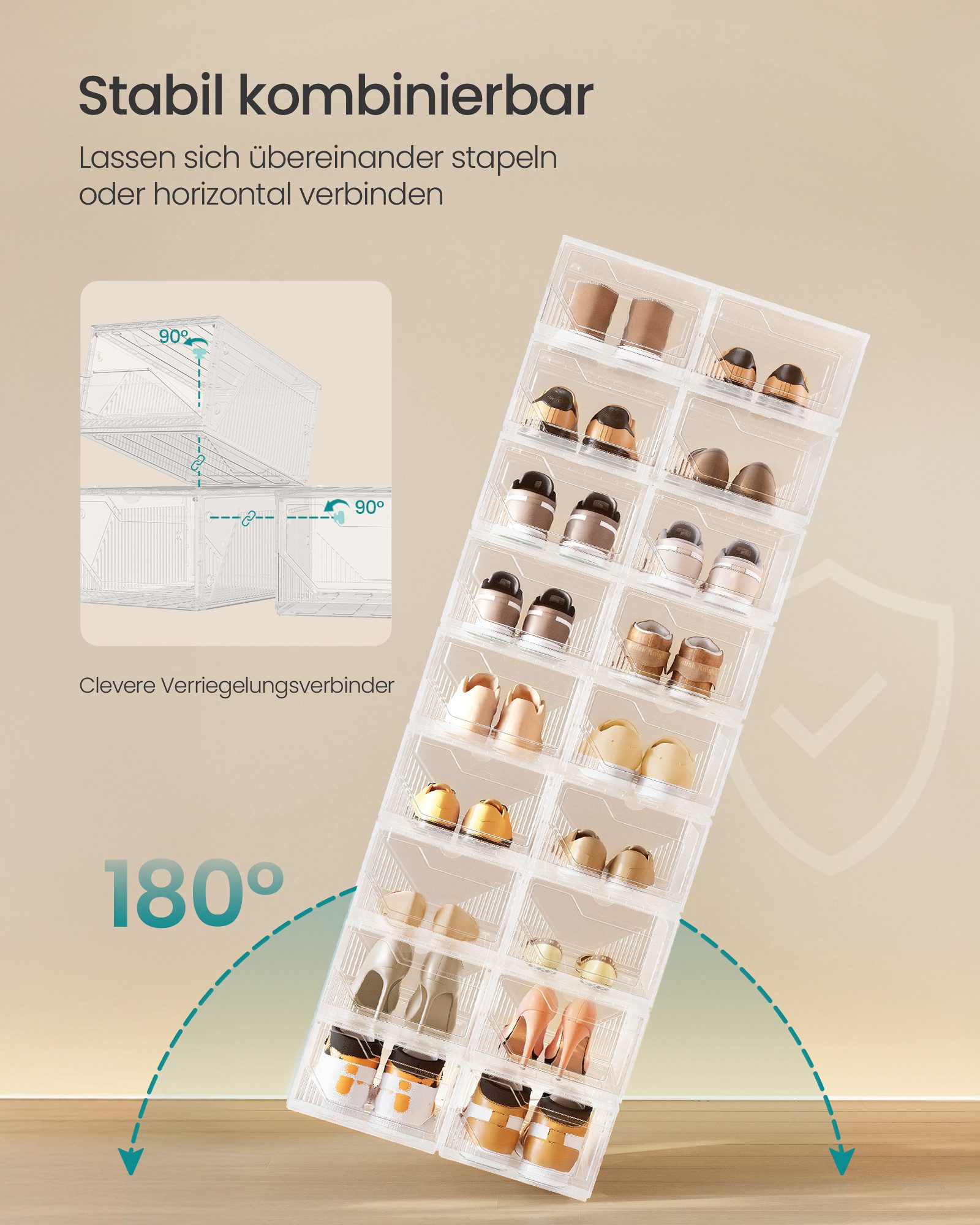 SONGMICS Schuhbox stapelbar quer und längs, aus Kunststoff, Magnettverschluss, (6 St), Schuhboxen 6er Set, bis Größe 46, weiß