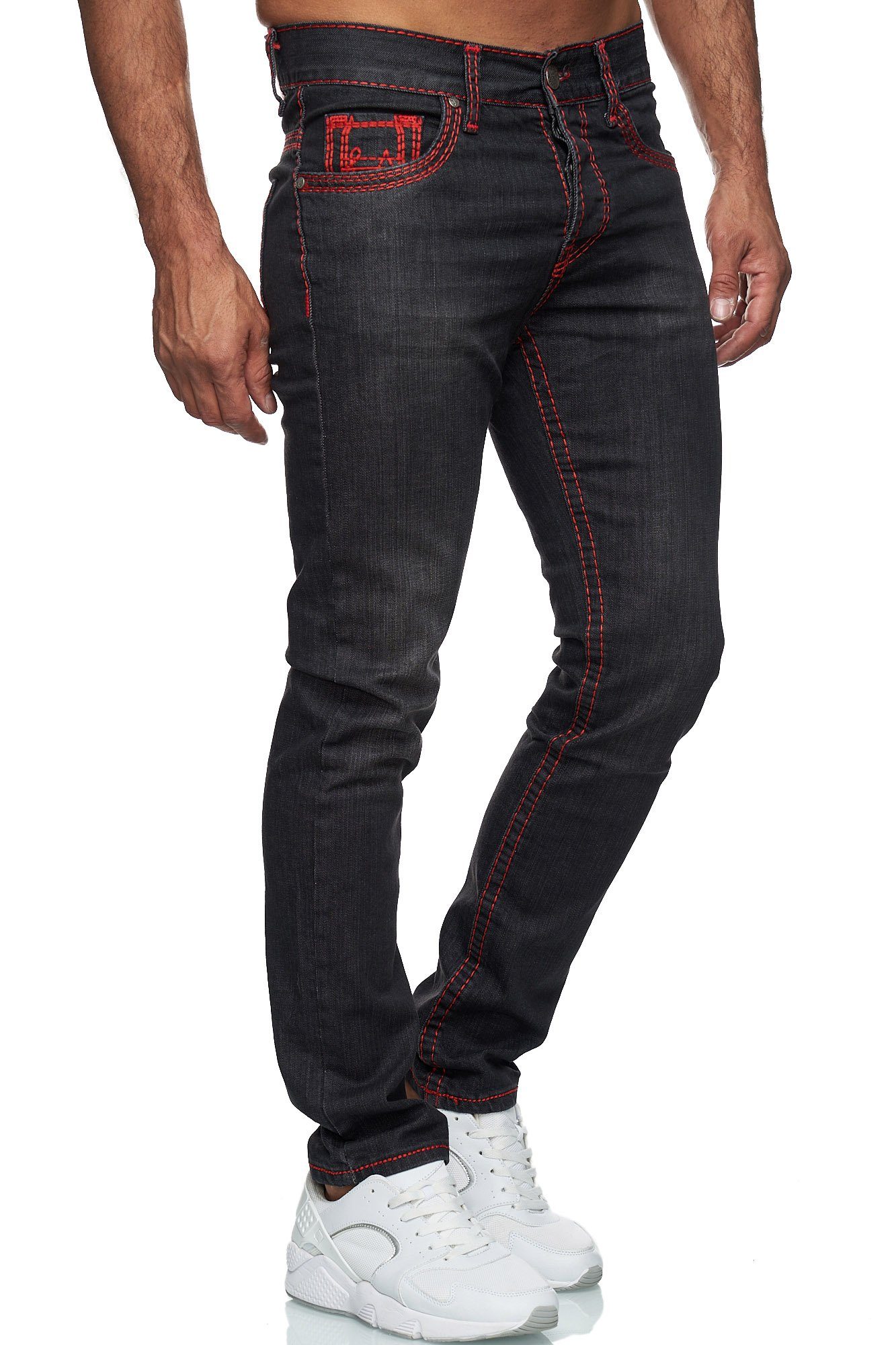 Baxboy Regular-fit-Jeans Herren Jeans Dicke Neon-Naht Straight Fit Denim Stonewashed Stretch 9574 Schwarz_Rot