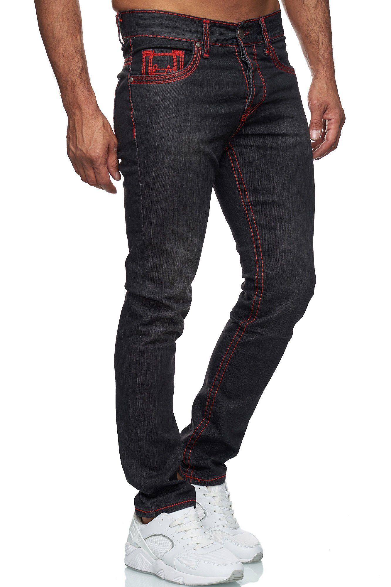 Schwarz_Rot Straight Jeans Fit Stonewashed Dicke Regular-fit-Jeans Denim 9574 Stretch Baxboy Herren Neon-Naht