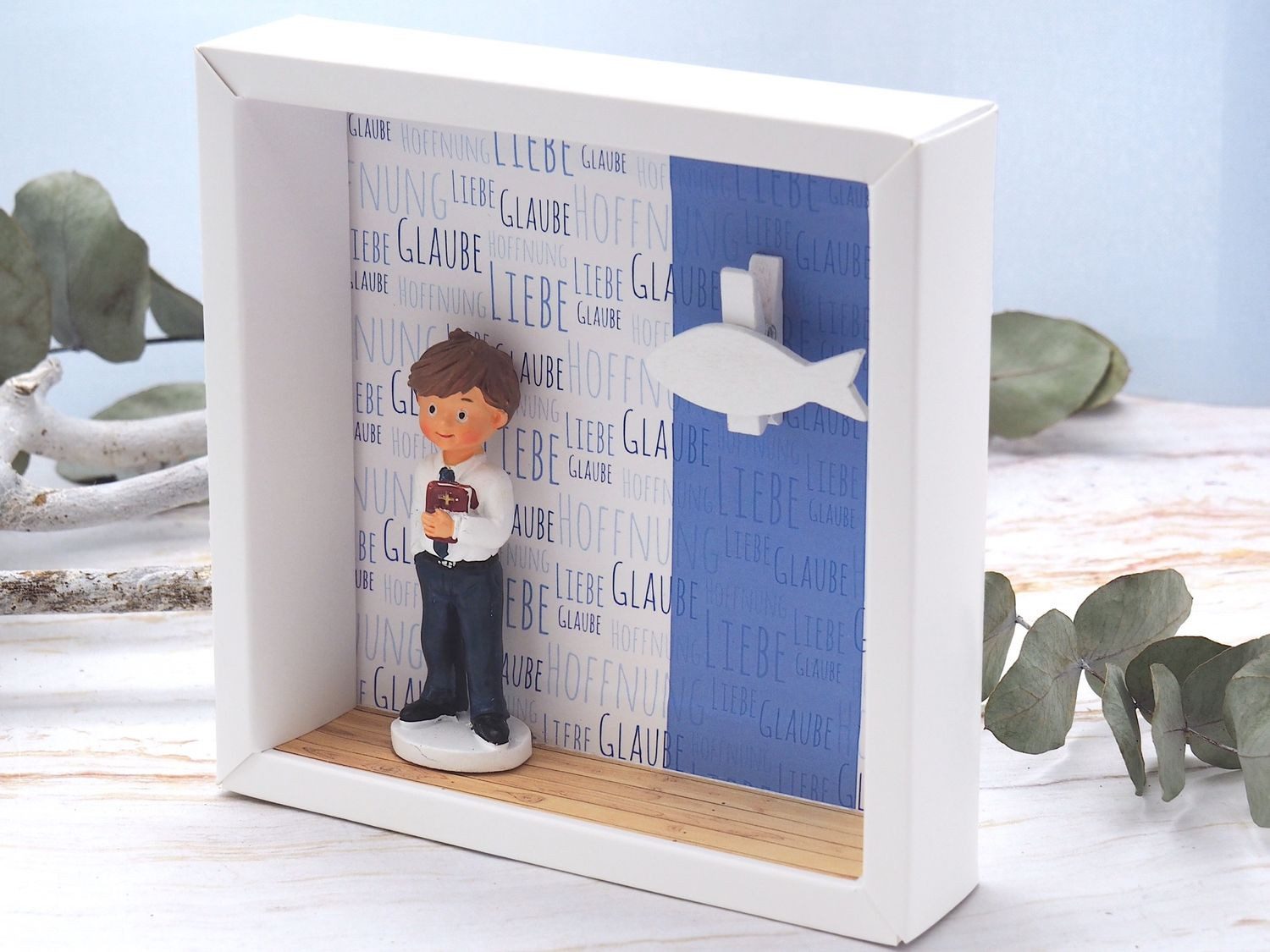 ZauberDeko Geschenkbox Geldgeschenk Verpackung Kommunion Junge Blau Liebe Glaube Hoffnung