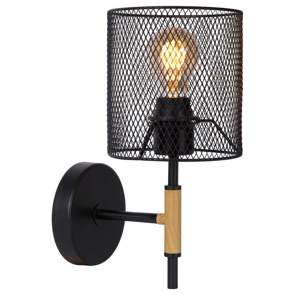 Lucide Wandleuchte Wandleuchte Basket aus Stahl in Schwarz mit hellem Holz E27