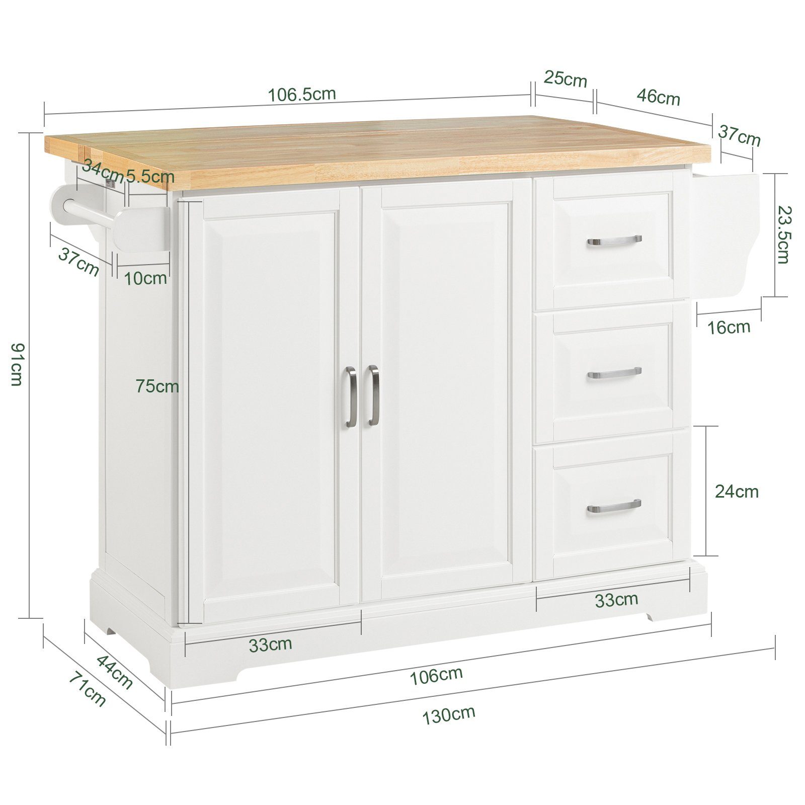 SoBuy Küchenwagen Küchenschrank weiß-natur mit Arbeitsfläche erweiterbarer Kücheninsel Sideboard FKW41