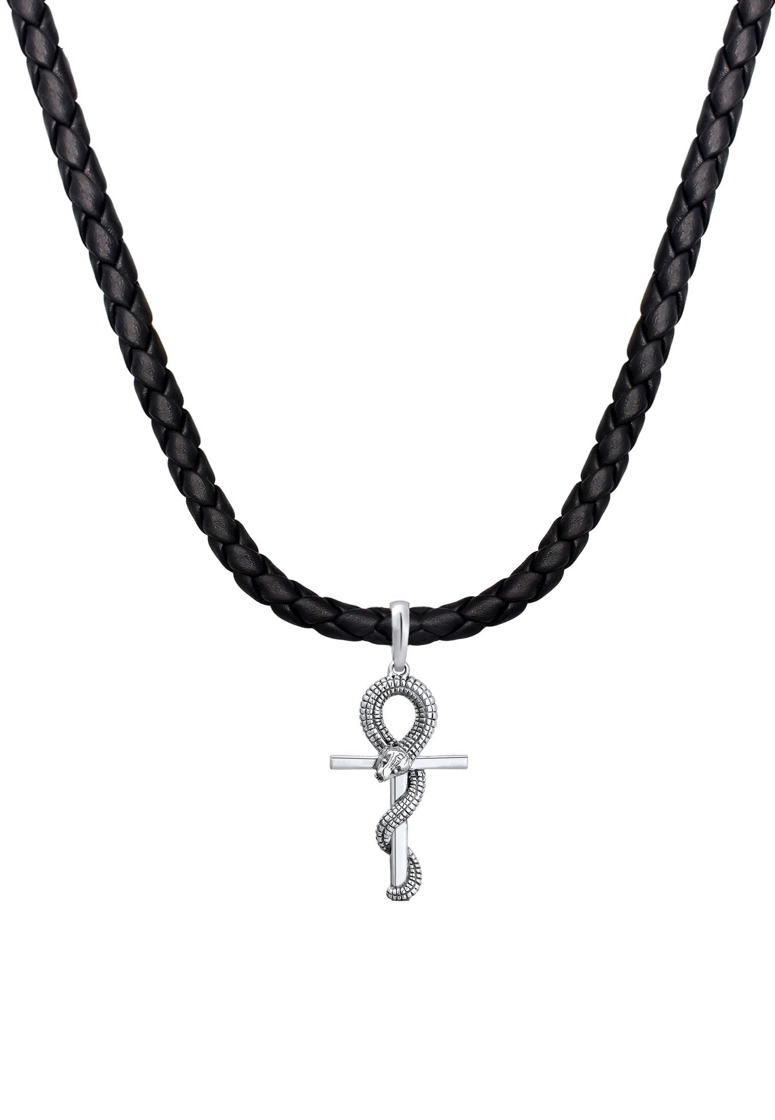 Kuzzoi Kette mit Anhänger Herren Kreuz Schlange Leder Oxidiert 925 Silber