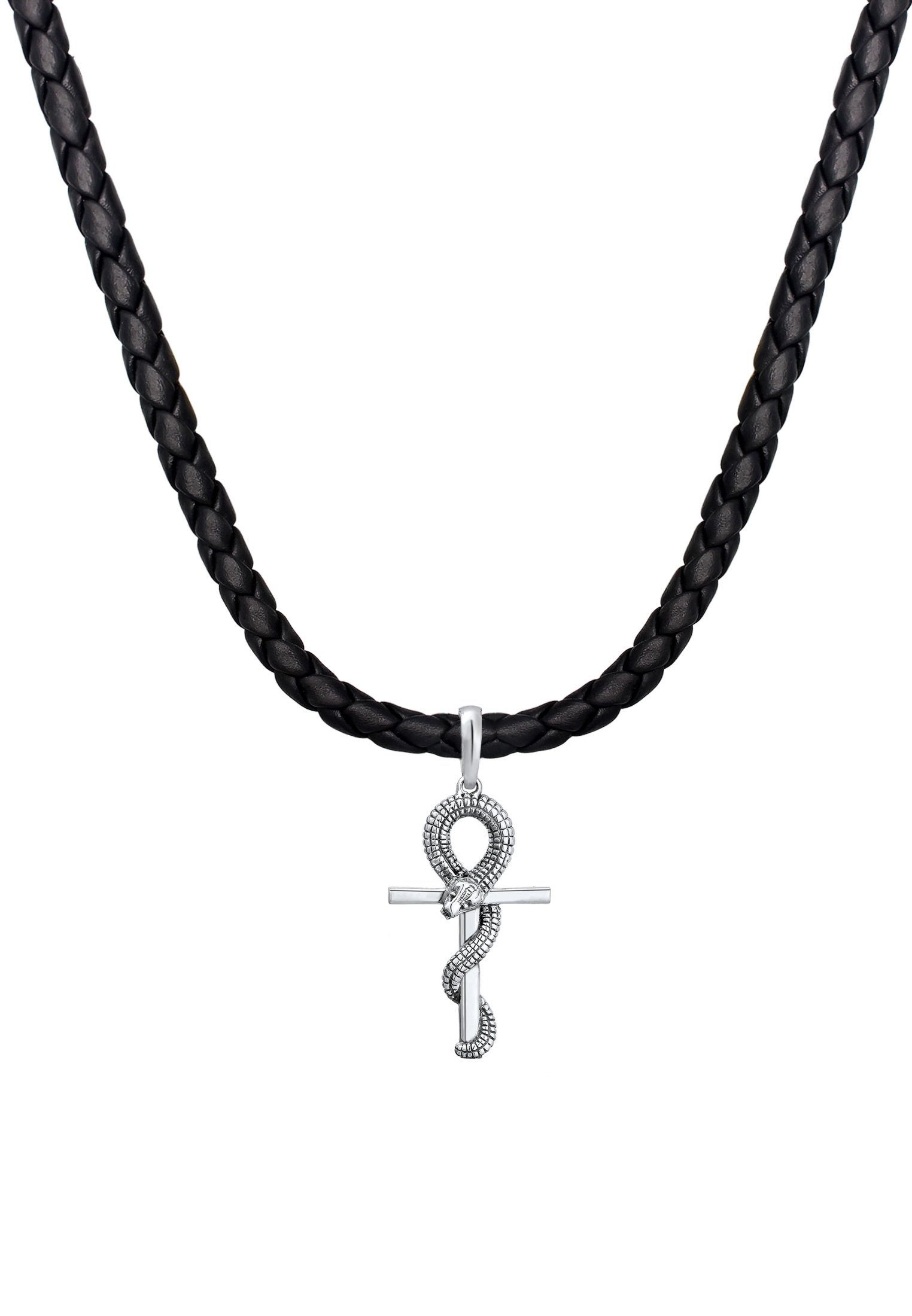 Kuzzoi Kette mit Anhänger Herren Kreuz Oxidiert Silber 925 Schlange Leder