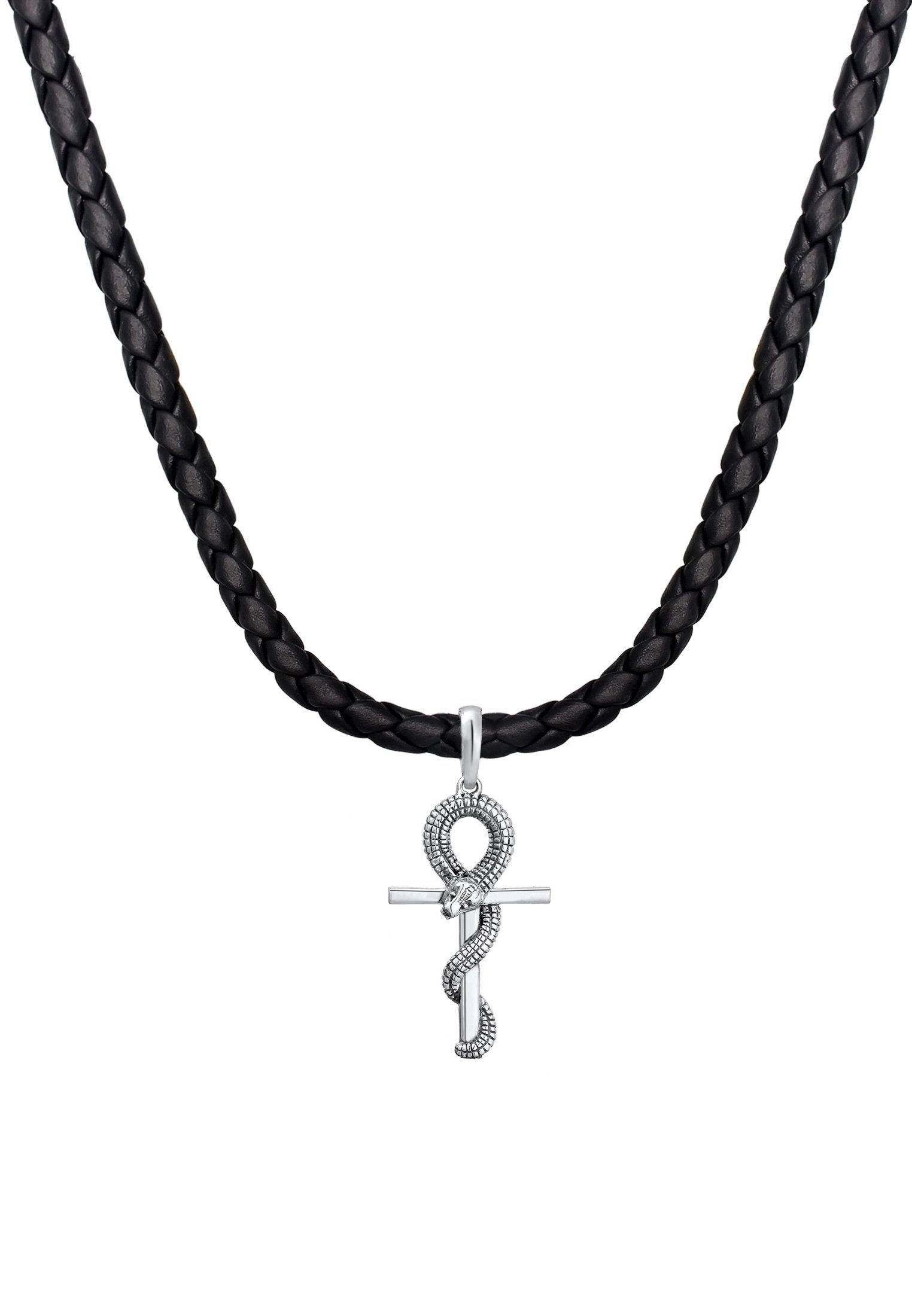 Kuzzoi Kette mit Anhänger Herren Kreuz Schlange Leder Oxidiert 925 Silber,  In sehr hochwertiger Juwelier-Qualität gefertigt