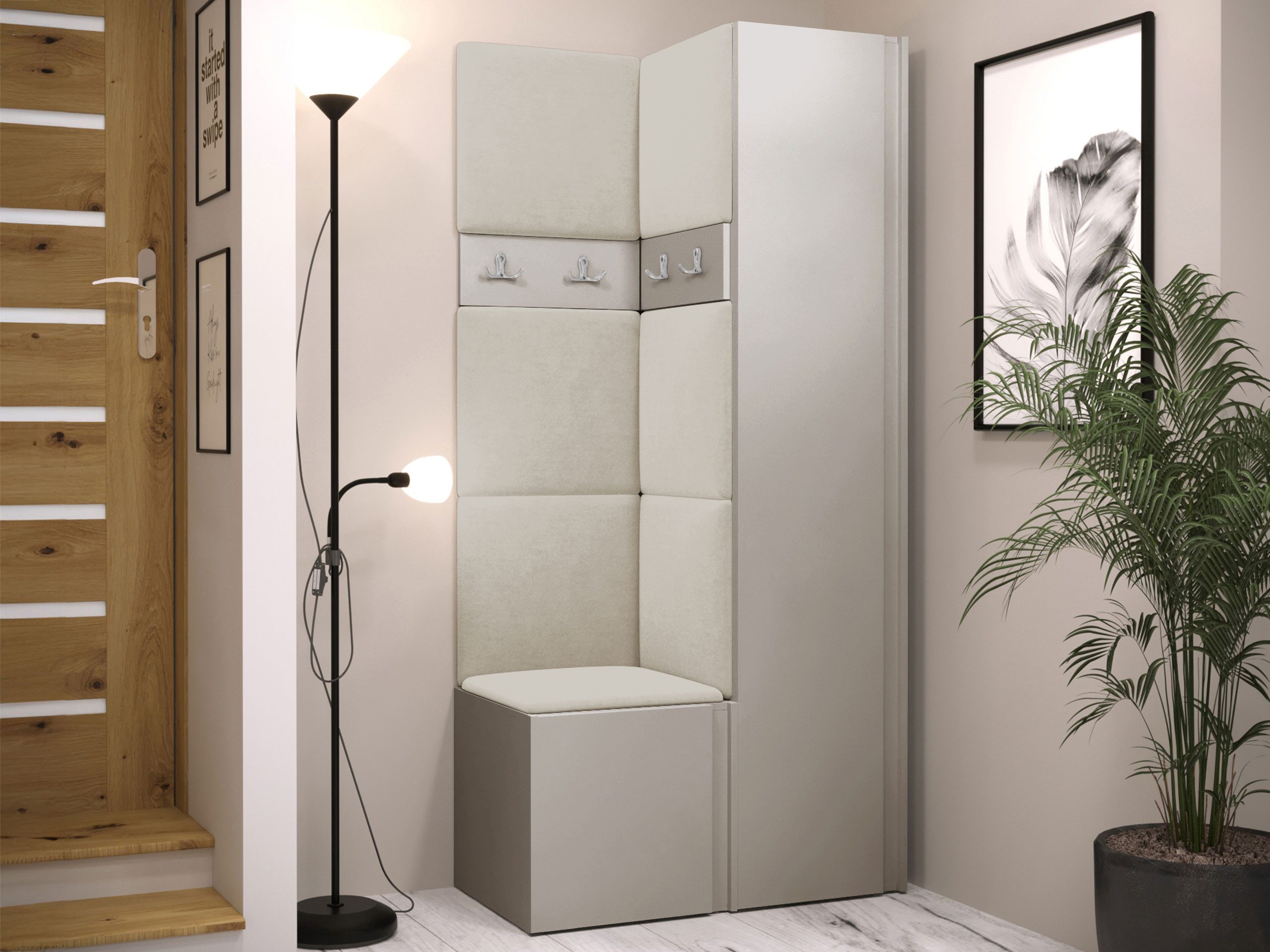 MIRJAN24 Garderoben-Set Orion XXIV, (Komplett-Set, Schuhschrank, Kleiderschrank, 2x Kleiderhakenbrett, 7x Paneel 42x42), Auswahl aus Fronten und Polsterplatten