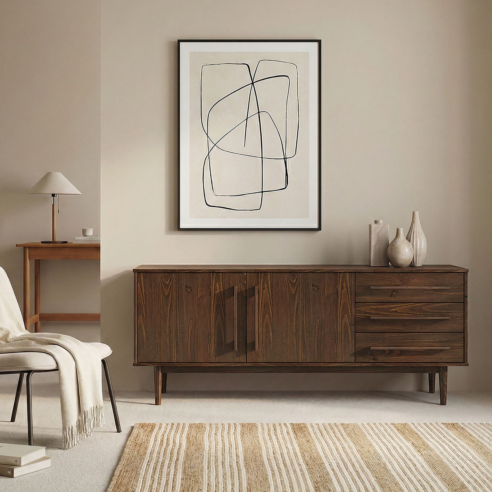 IDIMEX Sideboard TECCA, Wohnzimmer Kommode mit Türen 3 Schubladen Massivholz nussbaum farben