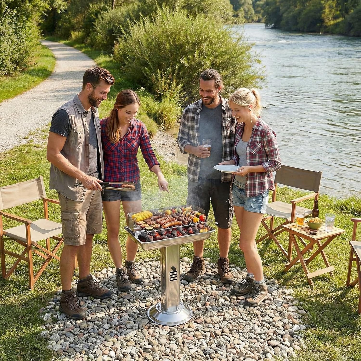 TLGREEN Holzkohlegrill Holzkohlegrill Wetterfest 52x32x84cm, Säulengrill mit 3-fach Höhenverstellbarem, Grillrost Aschekasten Belüftung, Outdoor Camping Garten  – Bild 4 von 5