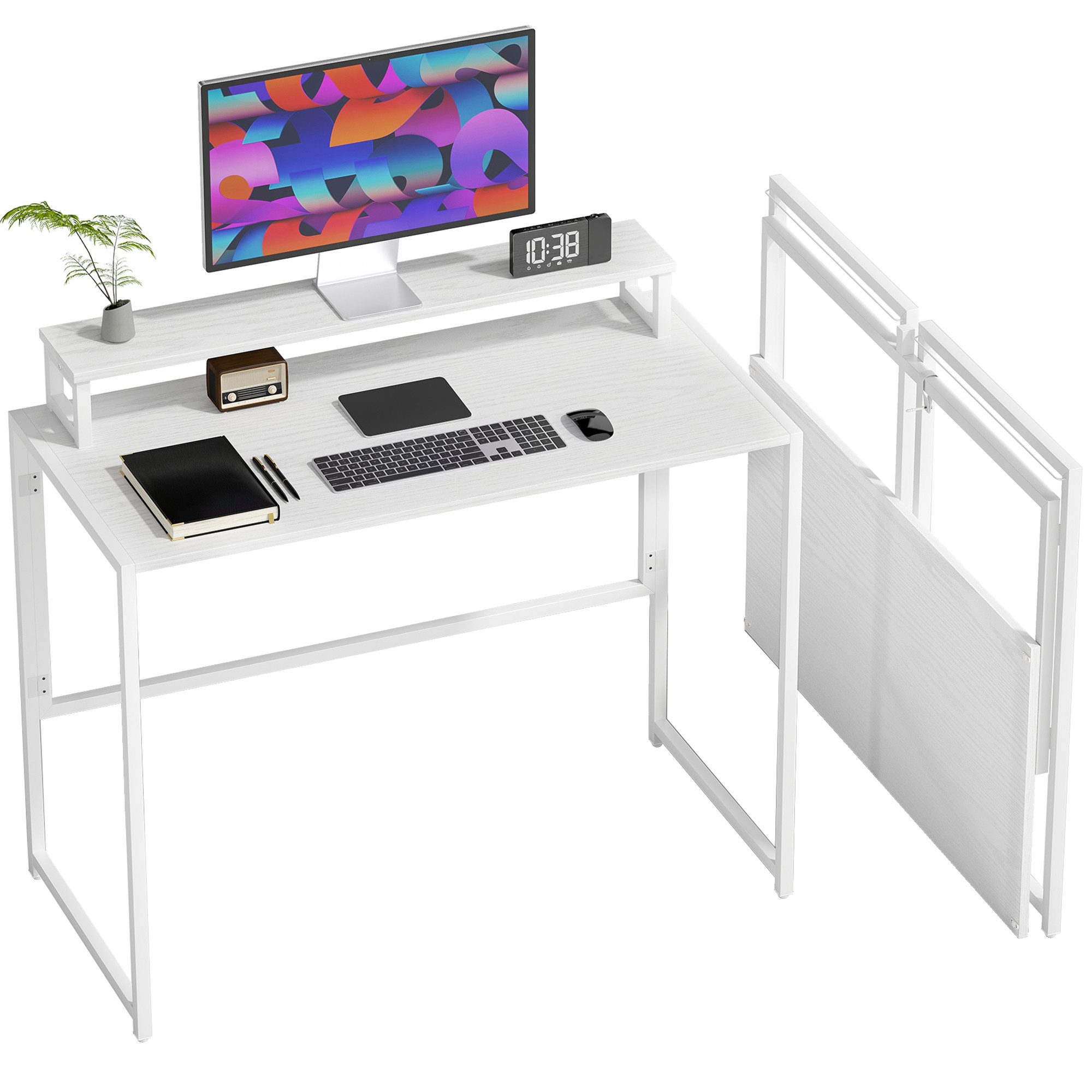 HOMCOM Schreibtisch Klapptisch Platzsparend Bürotisch mit Monitorhalterung (Klapptisch, 1-St., Klappschreibtisch), Computertisch für Home Office, Weiß