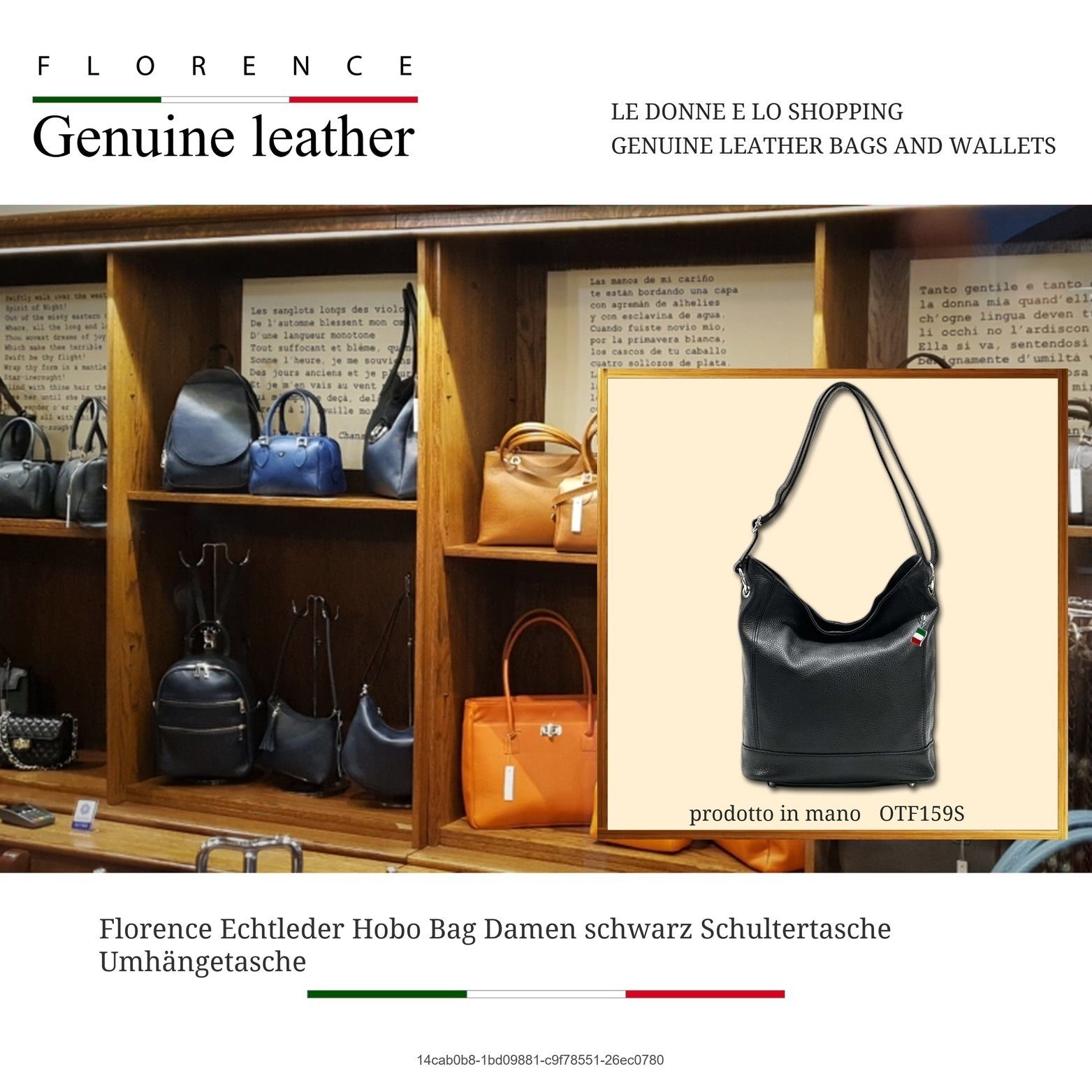 FLORENCE Shopper Florence Echtleder Hobo Bag Damen (Schultertasche, Shopper), Damen Tasche Echtleder schwarz, Made-In Italy