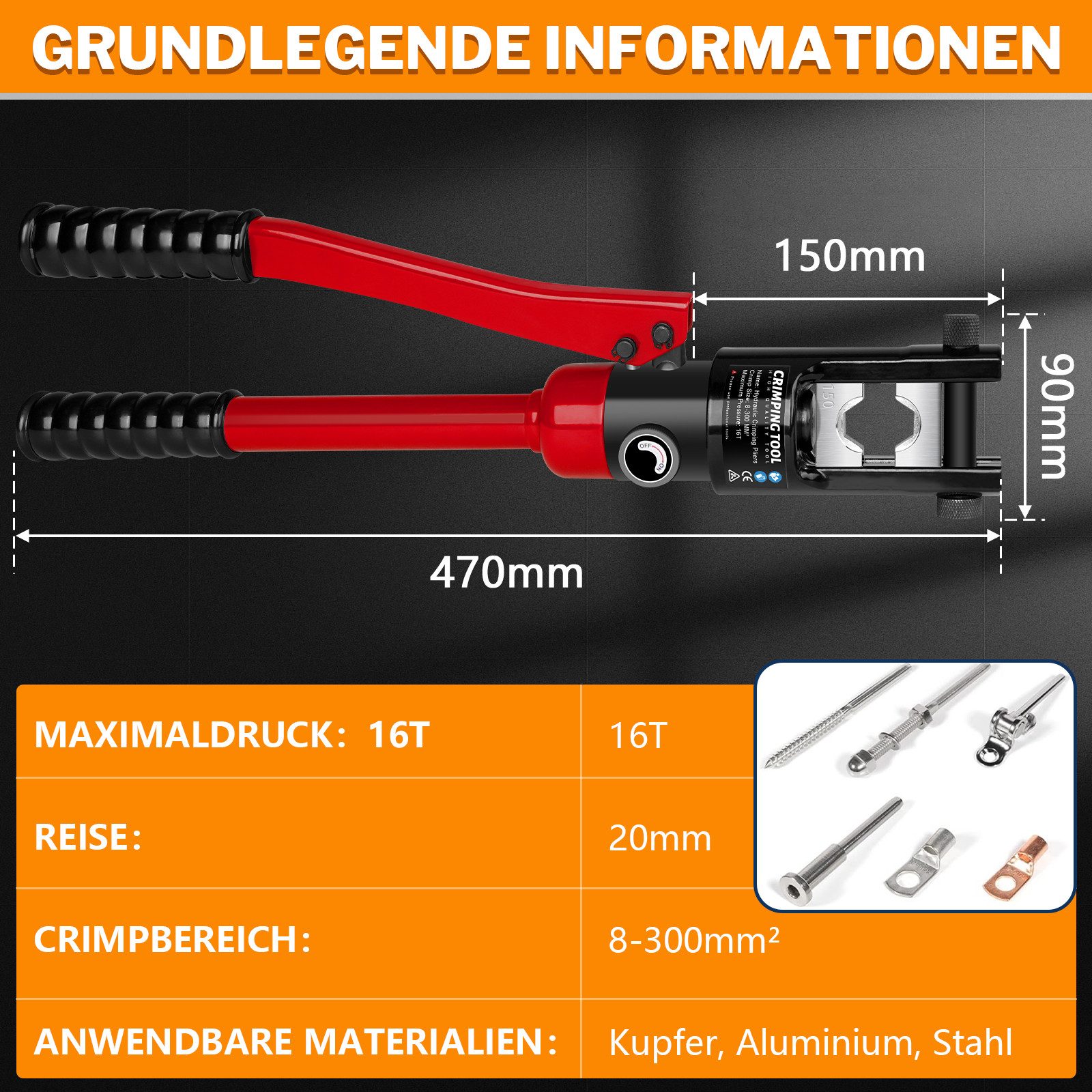 XERSEK Crimpzange Hydraulikzange inkl. 13 Einsätzen & Kabelschere Zange mit Hydraulik, Set 16-tlg., Crimpbereich: 8–300mm², Maximaldruck: 16T, Crimpformen für Kupfer-Aluminium-Kabelschuhe