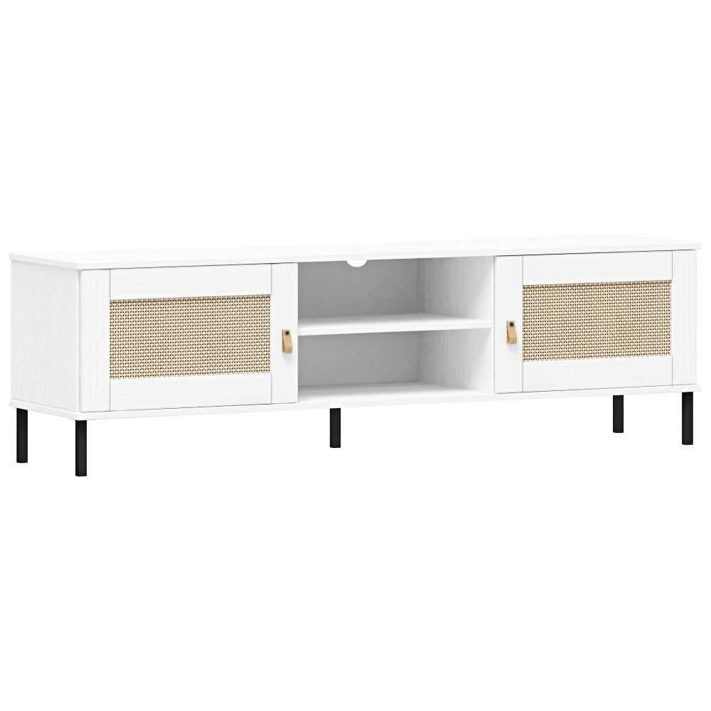 Lomadox Lowboard WATFORD-69, in Kiefer massiv weiß, Rattaneinsatz, Lederschlaufengriff, Boho-Chic