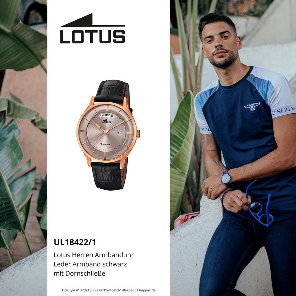 Lotus Quarzuhr Lotus Leder Herren Uhr L18422/1, Herrenuhr mit Lederarmband,  rundes Gehäuse, groß (ca. 40mm), Elegant-S