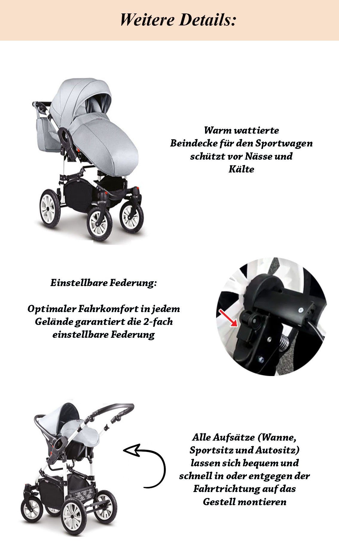 3 1 Kombi-Kinderwagen 16 - babies-on-wheels Kinderwagen-Set 41 Cosmo in Dunkelgrau-Weiß Teile Farben - in